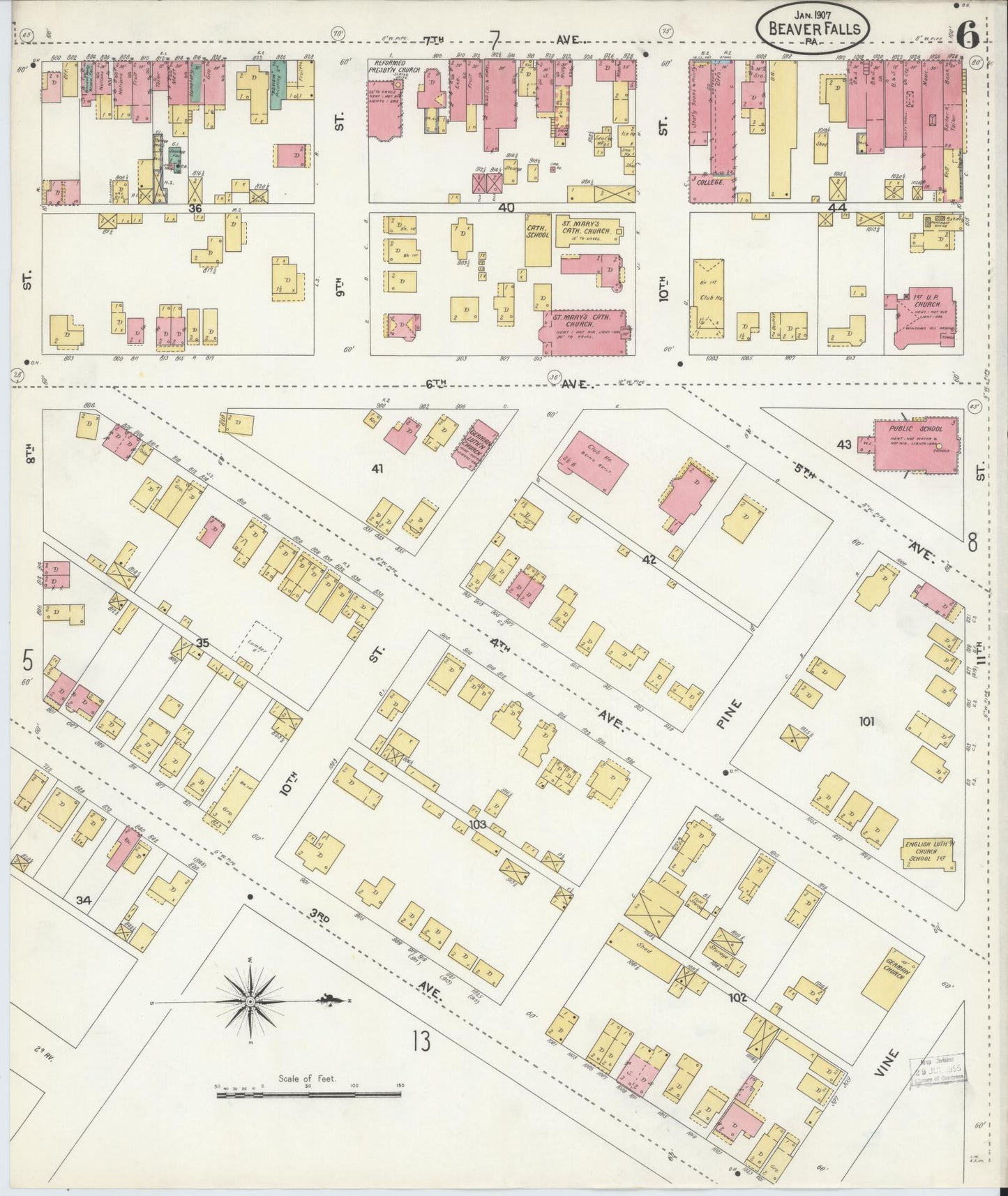 Sanborn Fire Insurance Map from Beaver Falls, Beaver County, Pennsylvania (1907), Sheet #0006 - Historic Sanborn Fire Insurance Map Print, vintage old map wall art, antique decor, genealogy gift, Pennsylvania Pennsylvania map