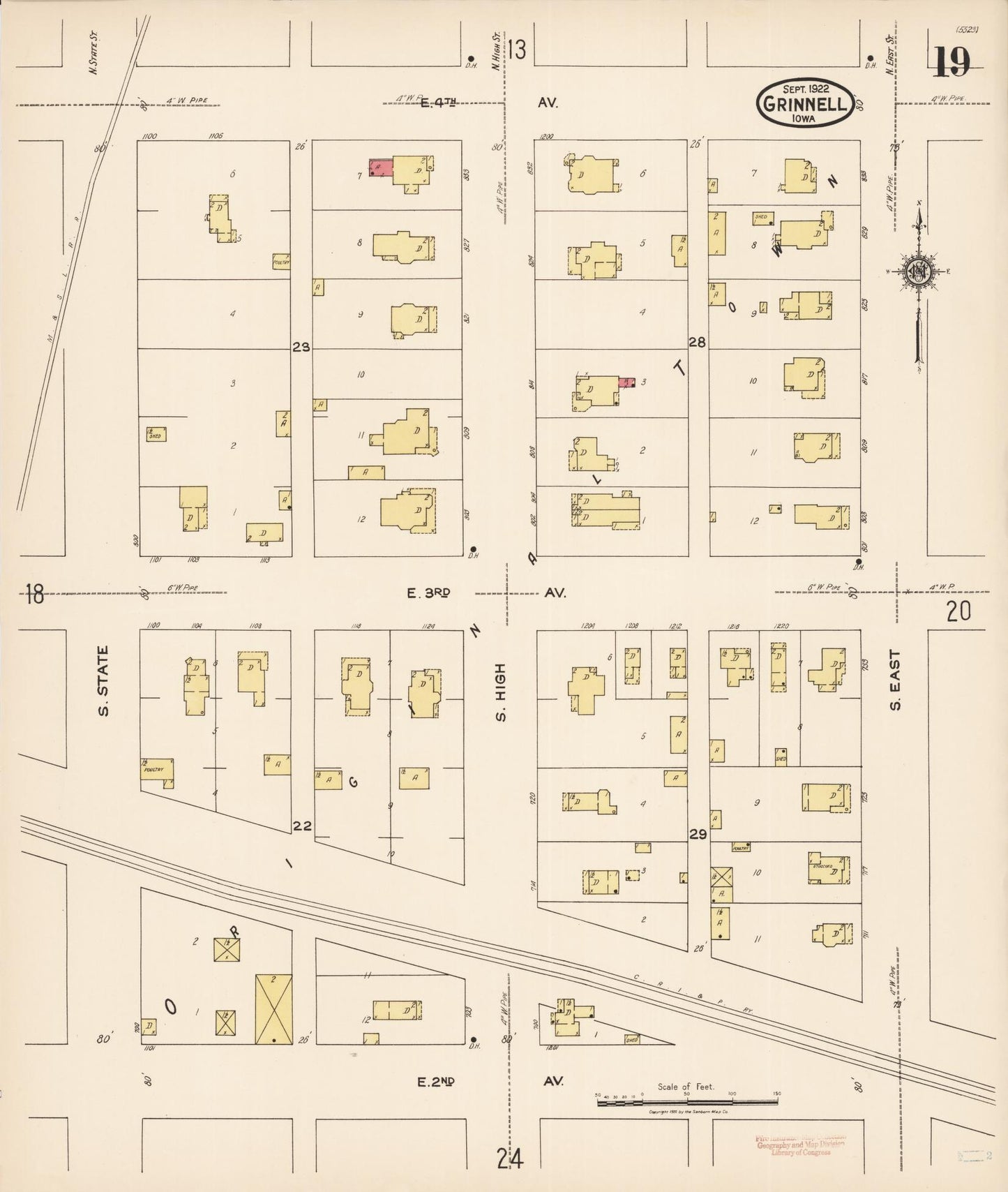 Sanborn Fire Insurance Map from Grinnell, Poweshiek County, Iowa (1922), Sheet #0019 - Historic Sanborn Fire Insurance Map Print, vintage old map wall art