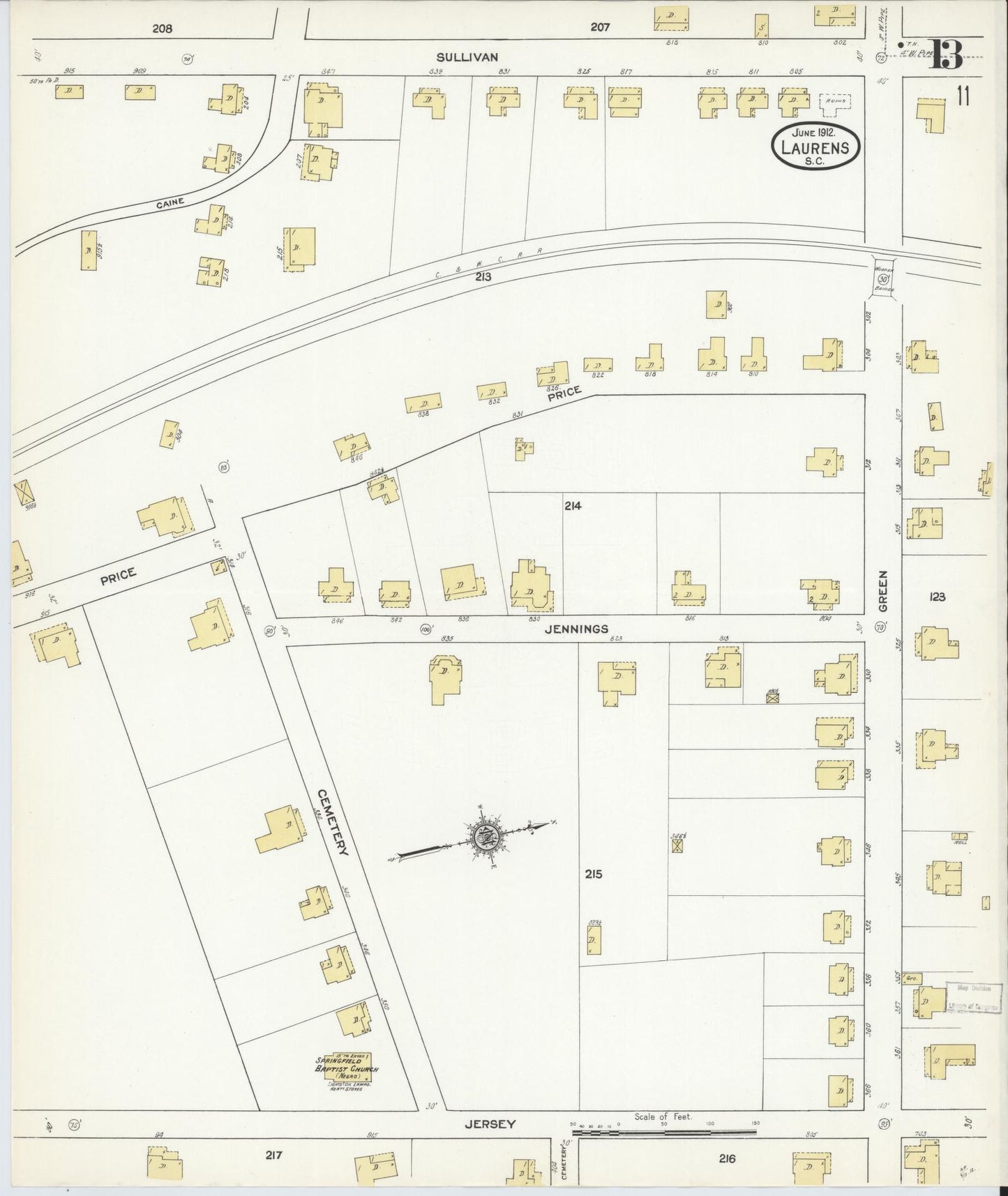 Sanborn Fire Insurance Map from Laurens, Laurens County, South Carolina (1912), Sheet #0013 - Historic Sanborn Fire Insurance Map Print, vintage old map wall art, antique decor, genealogy gift, South Carolina South Carolina map