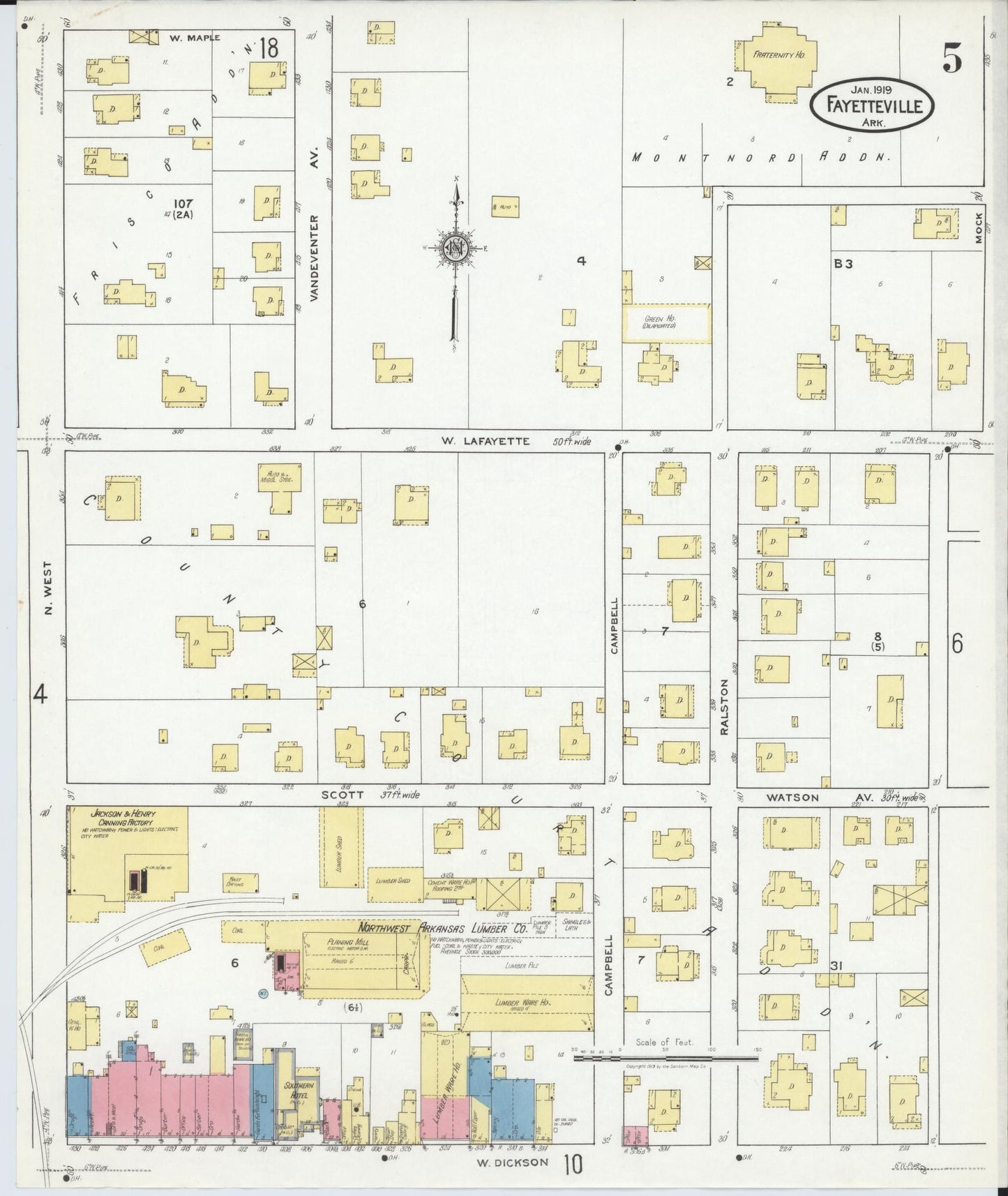 Sanborn Fire Insurance Map from Fayetteville, Washington County, Arkansas (1919), Sheet #0005 - Historic Sanborn Fire Insurance Map Print, vintage old map wall art, antique decor, genealogy gift, Arkansas Arkansas map