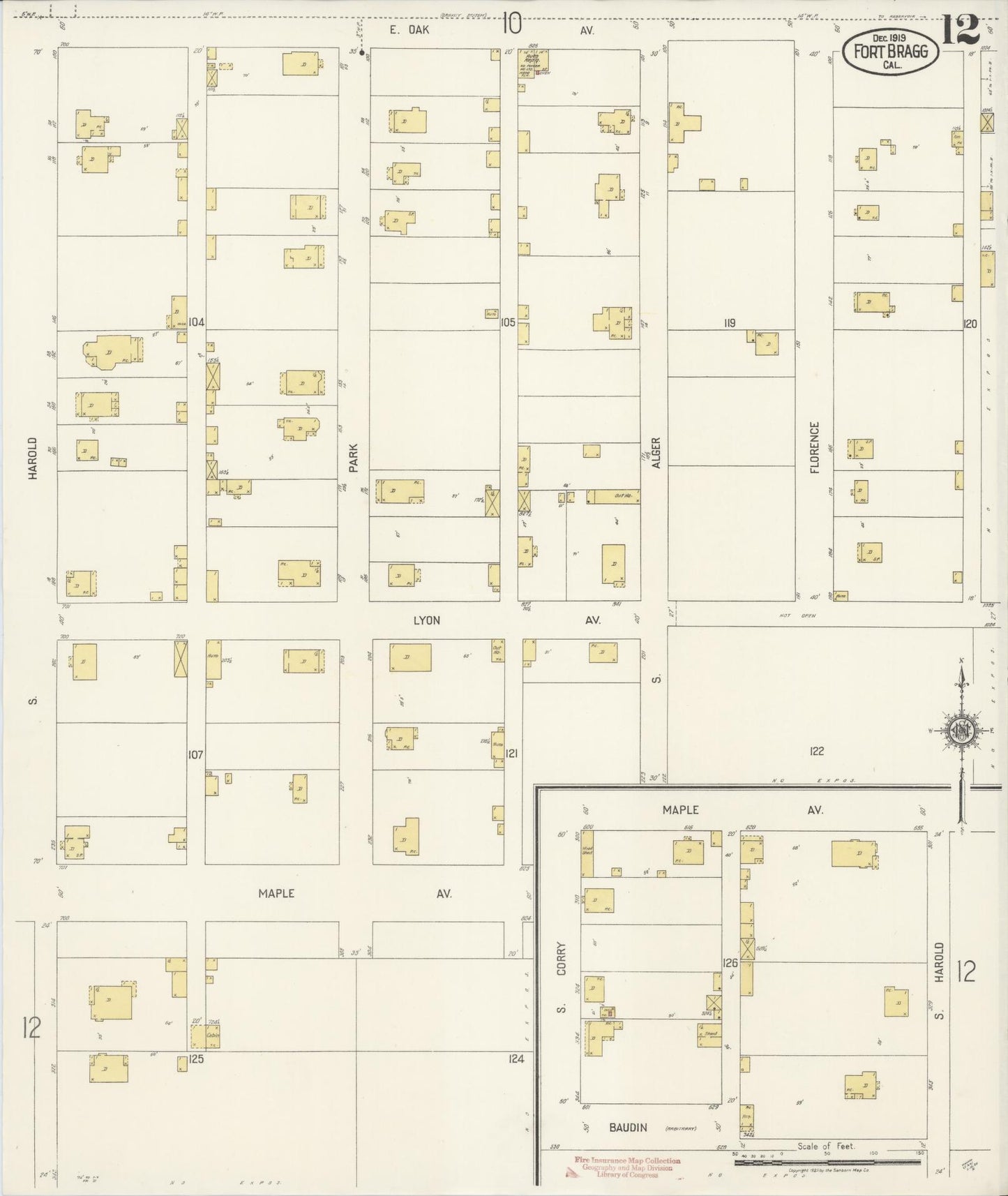 Sanborn Fire Insurance Map from Fort Bragg, Mendocino County, California (1919), Sheet #0012 - Historic Sanborn Fire Insurance Map Print, vintage old map wall art, antique decor, genealogy gift, California California map
