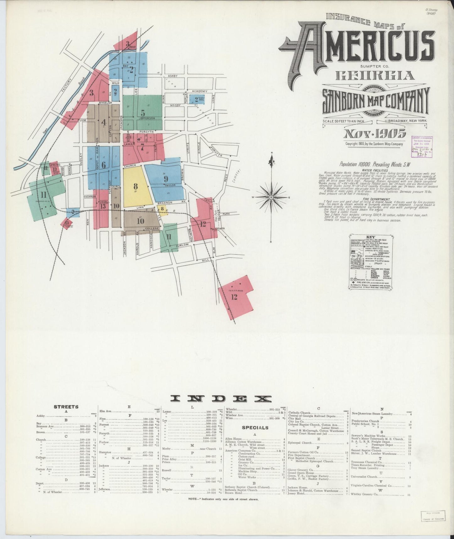 Sanborn Fire Insurance Map from Americus, Sumter County, Georgia (1905), Sheet #0001 - Historic Sanborn Fire Insurance Map Print, vintage old map wall art, antique decor, genealogy gift, Georgia Georgia map