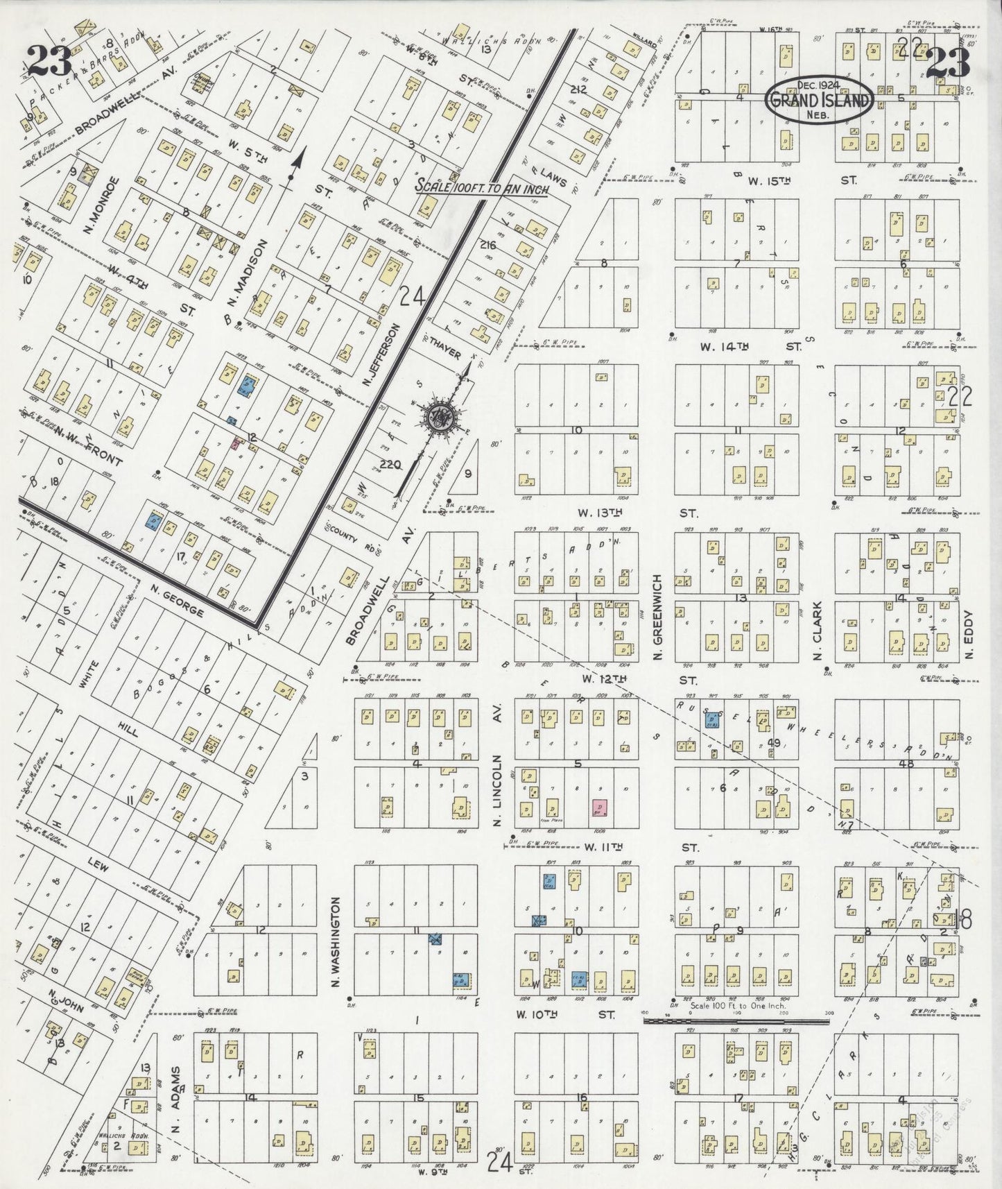 Sanborn Fire Insurance Map from Grand Island, Hall County, Nebraska (1924), Sheet #0023 - Historic Sanborn Fire Insurance Map Print, vintage old map wall art, antique decor, genealogy gift, Nebraska Nebraska map