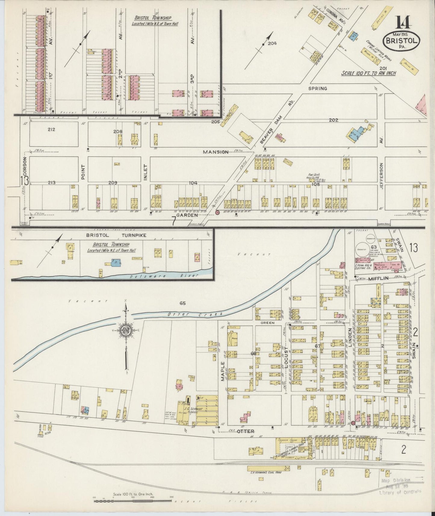 Sanborn Fire Insurance Map from Bristol, Bucks County, Pennsylvania (1915), Sheet #0014 - Historic Sanborn Fire Insurance Map Print, vintage old map wall art, antique decor, genealogy gift, Pennsylvania Pennsylvania map