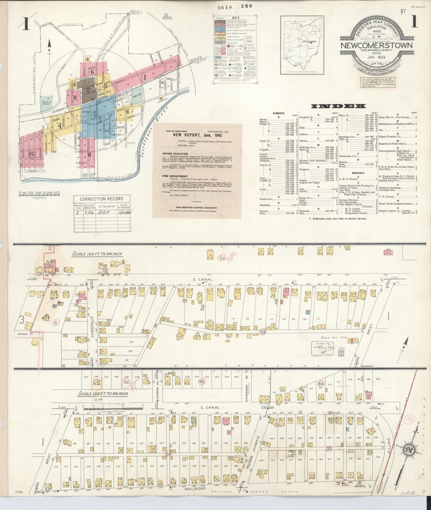 Sanborn Fire Insurance Map from Newcomerstown, Tuscarawas County, Ohio (1933), Sheet #0001 - Historic Sanborn Fire Insurance Map Print, vintage old map wall art, antique decor, genealogy gift, Ohio Ohio map