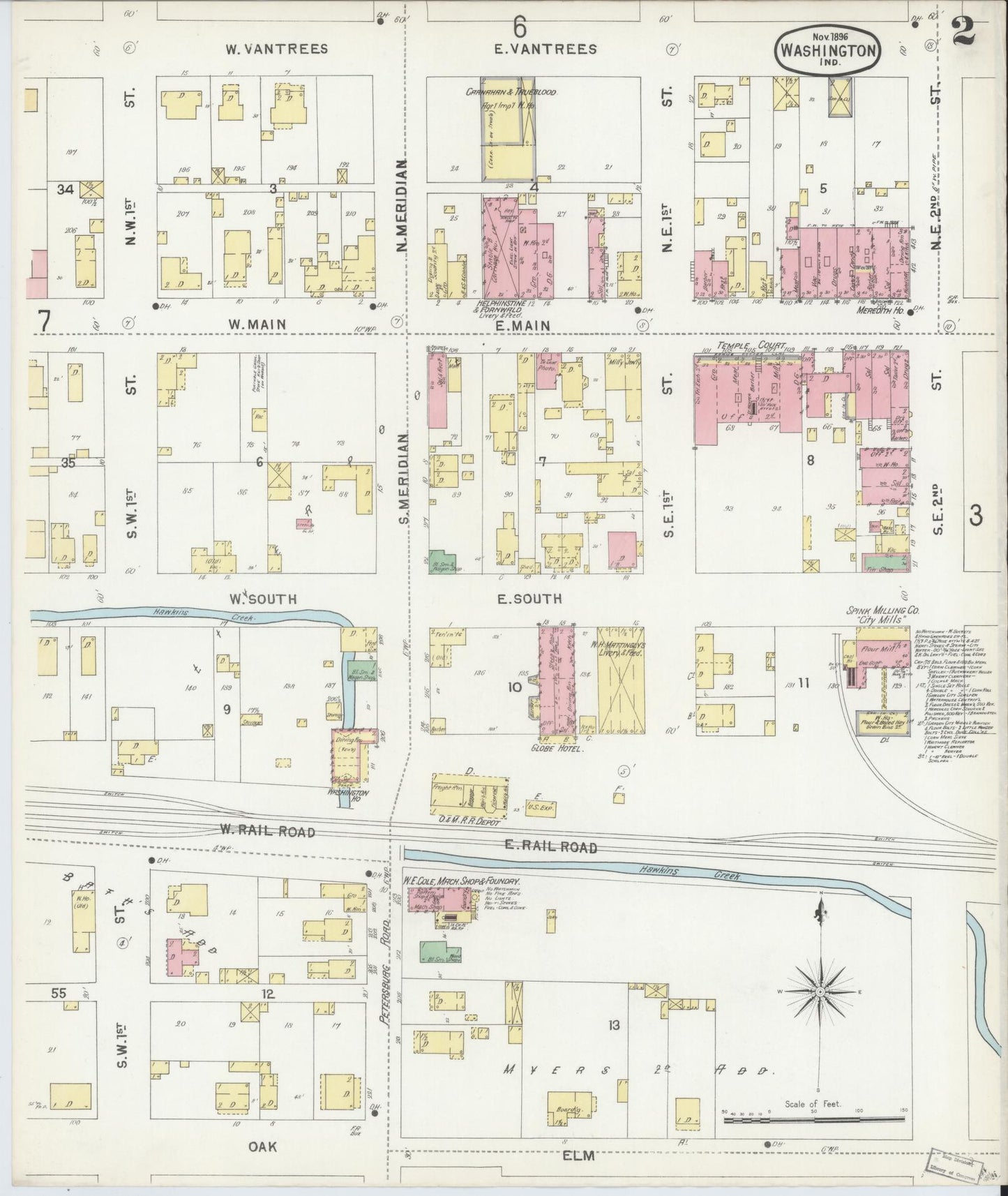 Sanborn Fire Insurance Map from Washington, Daviess County, Indiana (1896), Sheet #0002 - Historic Sanborn Fire Insurance Map Print, vintage old map wall art, antique decor, genealogy gift, Washington Washington map