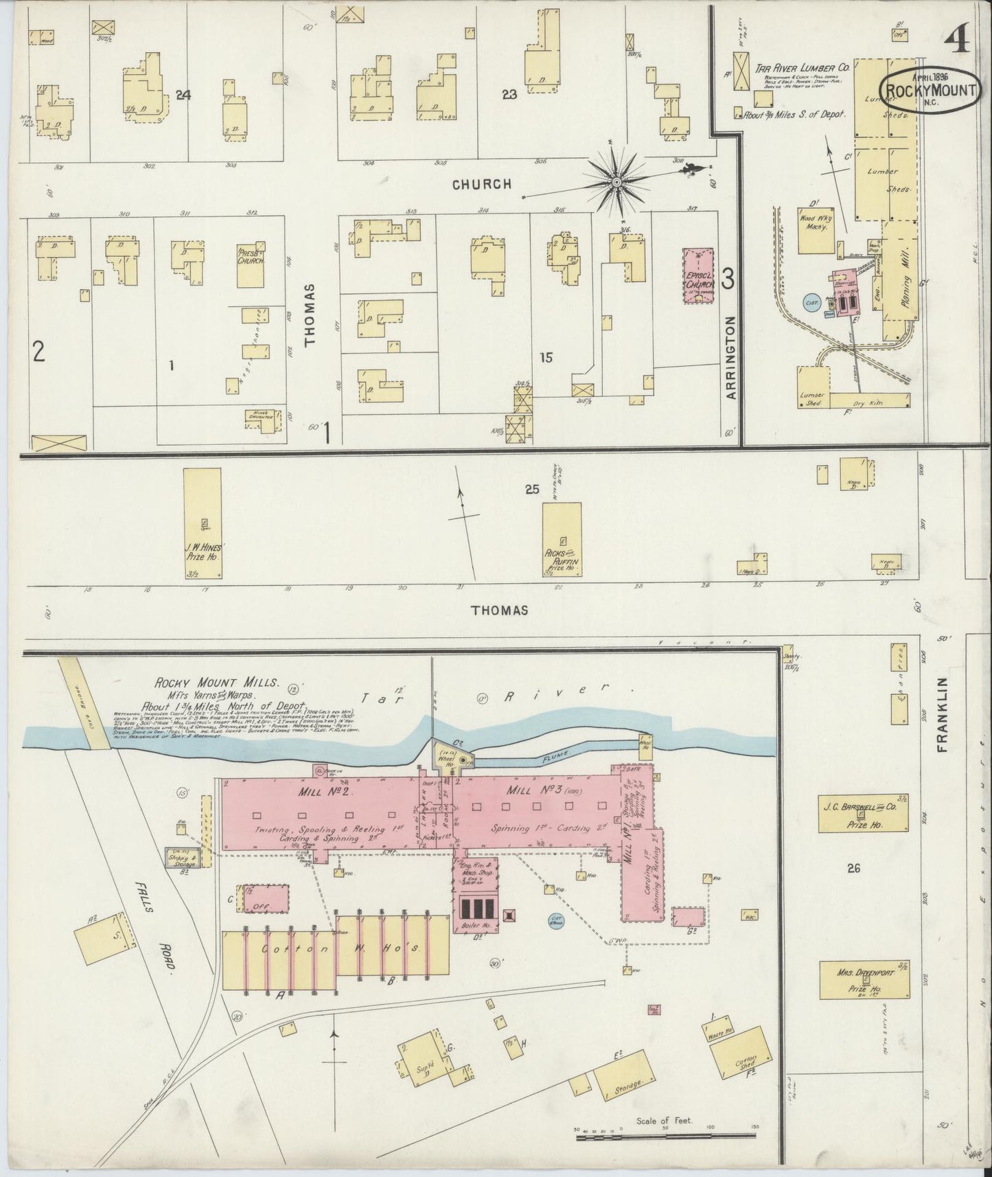Sanborn Fire Insurance Map from Rocky Mount, Edgecombe And Nash Counties, North Carolina (1896), Sheet #0004 - Complete Map Set gallery image, historic Sanborn map, vintage wall art, North Carolina North Carolina