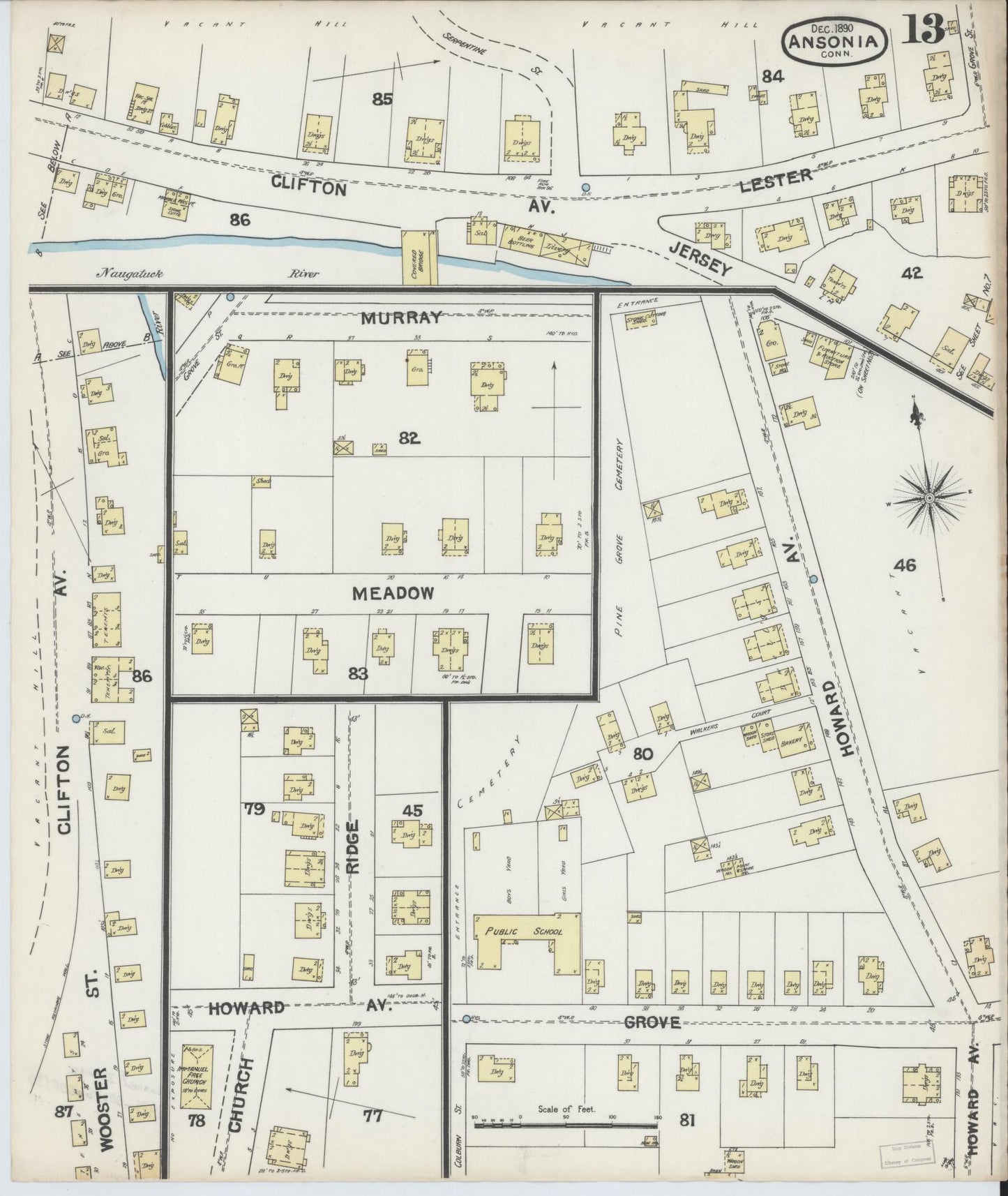 Sanborn Fire Insurance Map from Ansonia, New Haven County, Connecticut (1890), Sheet #0013 - Historic Sanborn Fire Insurance Map Print, vintage old map wall art, antique decor, genealogy gift, Connecticut Connecticut map