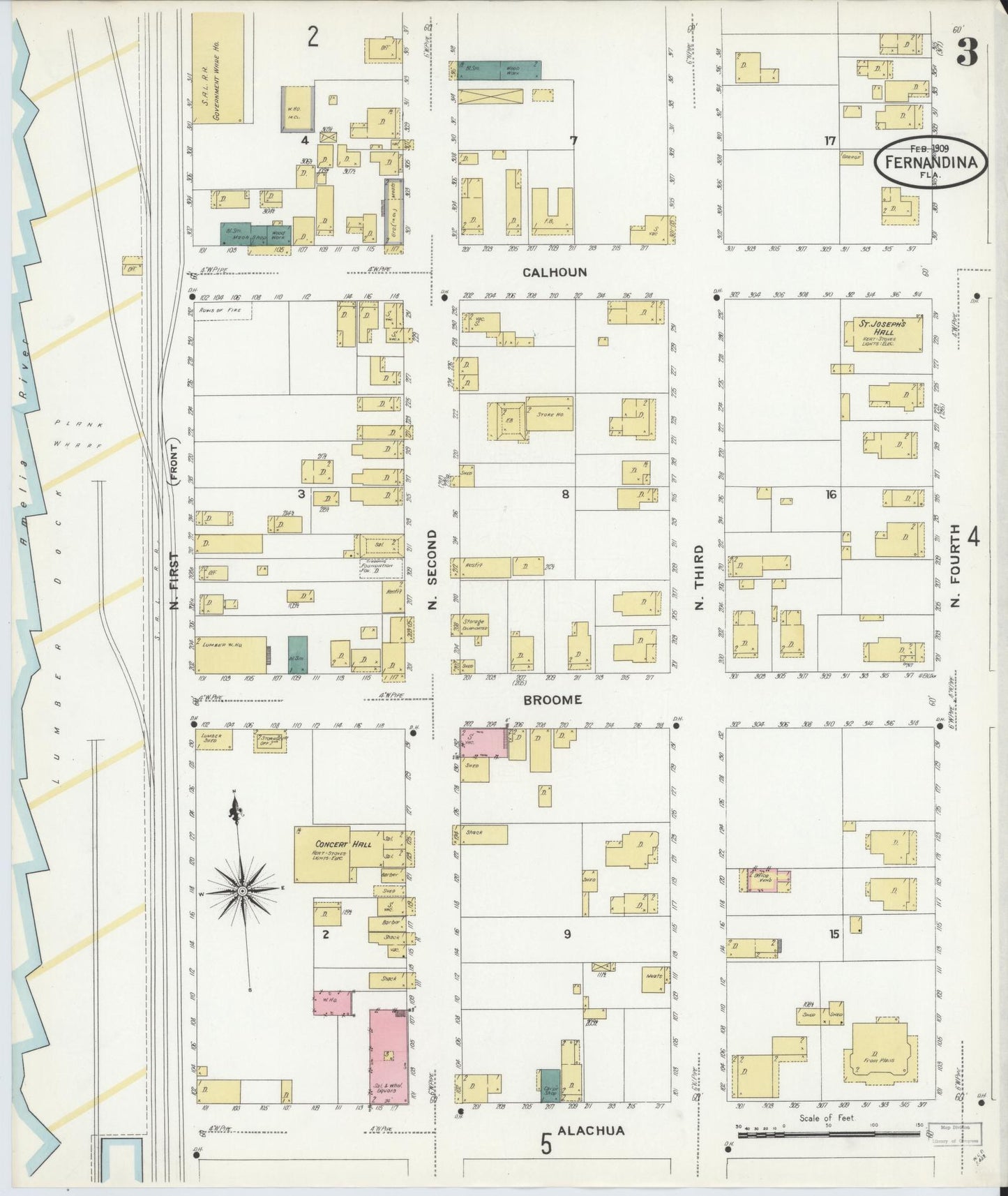 Sanborn Fire Insurance Map from Fernandina, Nassau County, Florida (1909), Sheet #0003 - Historic Sanborn Fire Insurance Map Print, vintage old map wall art, antique decor, genealogy gift, Florida Florida map