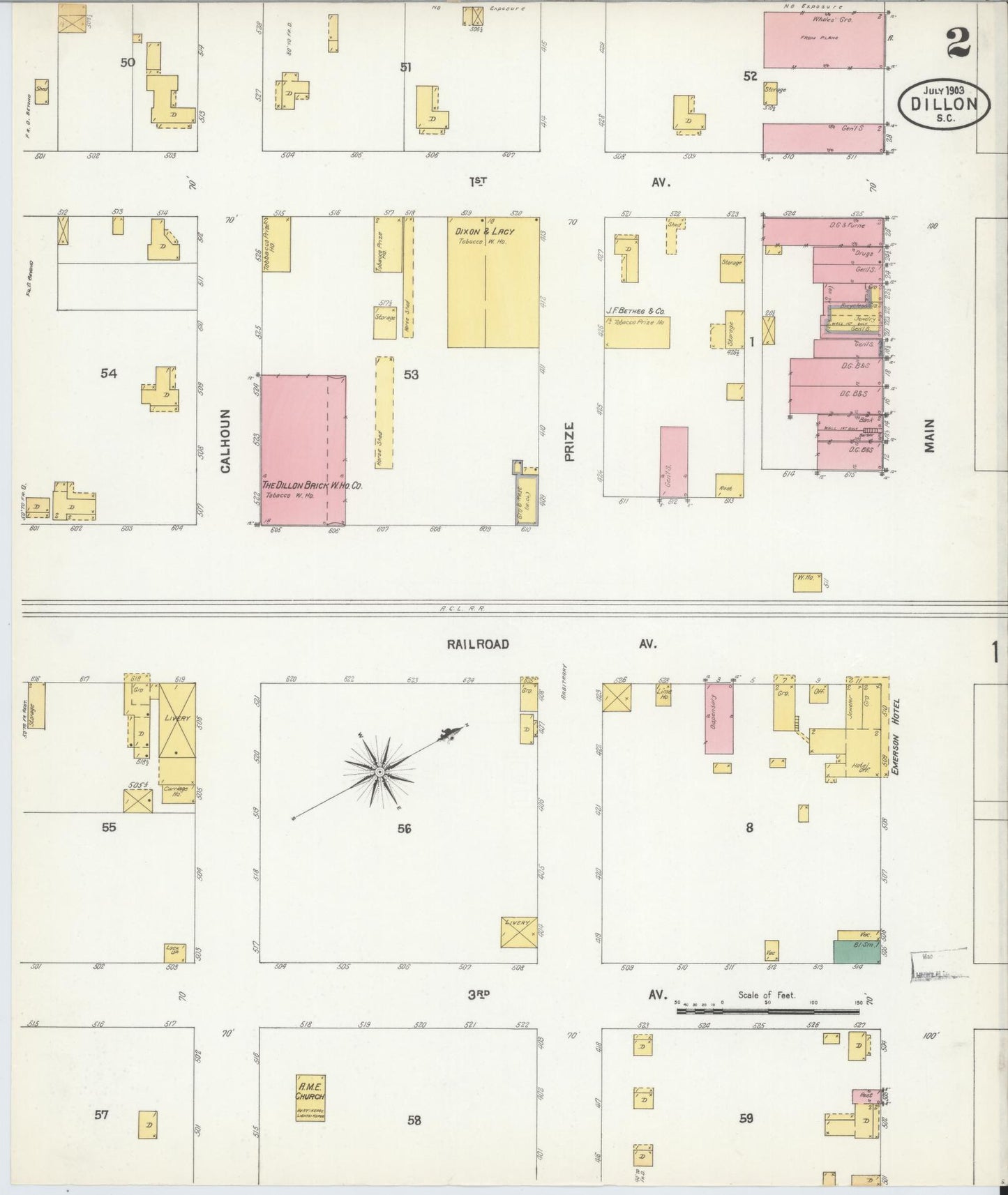 Sanborn Fire Insurance Map from Dillon, Dillon County, South Carolina (1903), Sheet #0002 - Complete Map Set gallery image, historic Sanborn map, vintage wall art, South Carolina South Carolina