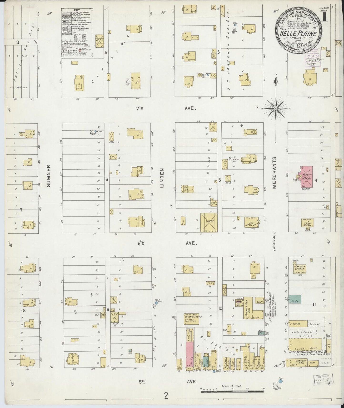 Sanborn Fire Insurance Map from Belle Plaine, Sumner County, Kansas (1902), Sheet #0001 - Historic Sanborn Fire Insurance Map Print, vintage old map wall art, antique decor, genealogy gift, Kansas Kansas map