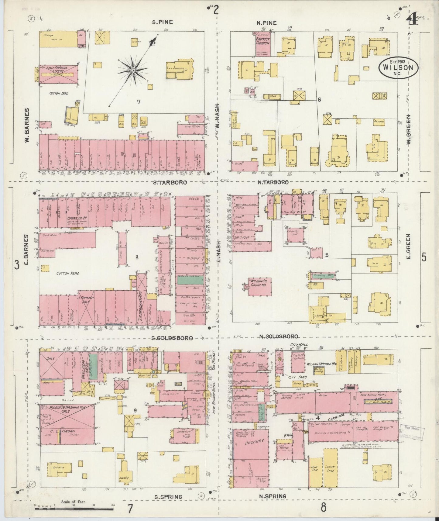 Sanborn Fire Insurance Map from Wilson, Wilson County, North Carolina (1903), Sheet #0004 - Historic Sanborn Fire Insurance Map Print, vintage old map wall art, antique decor, genealogy gift, North Carolina North Carolina map