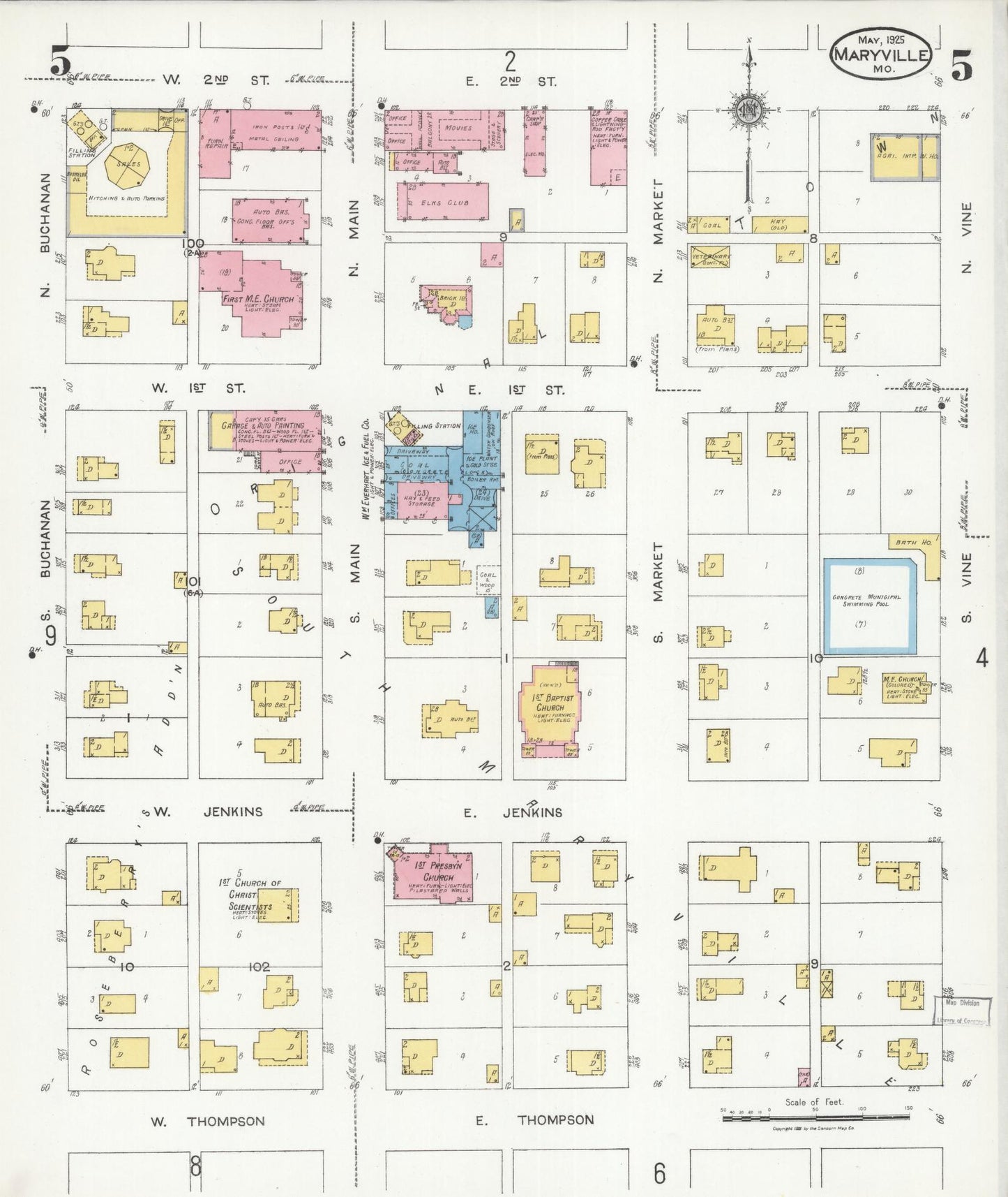 Sanborn Fire Insurance Map from Maryville, Nodaway County, Missouri (1925), Sheet #0005 - Historic Sanborn Fire Insurance Map Print, vintage old map wall art, antique decor, genealogy gift, Missouri Missouri map