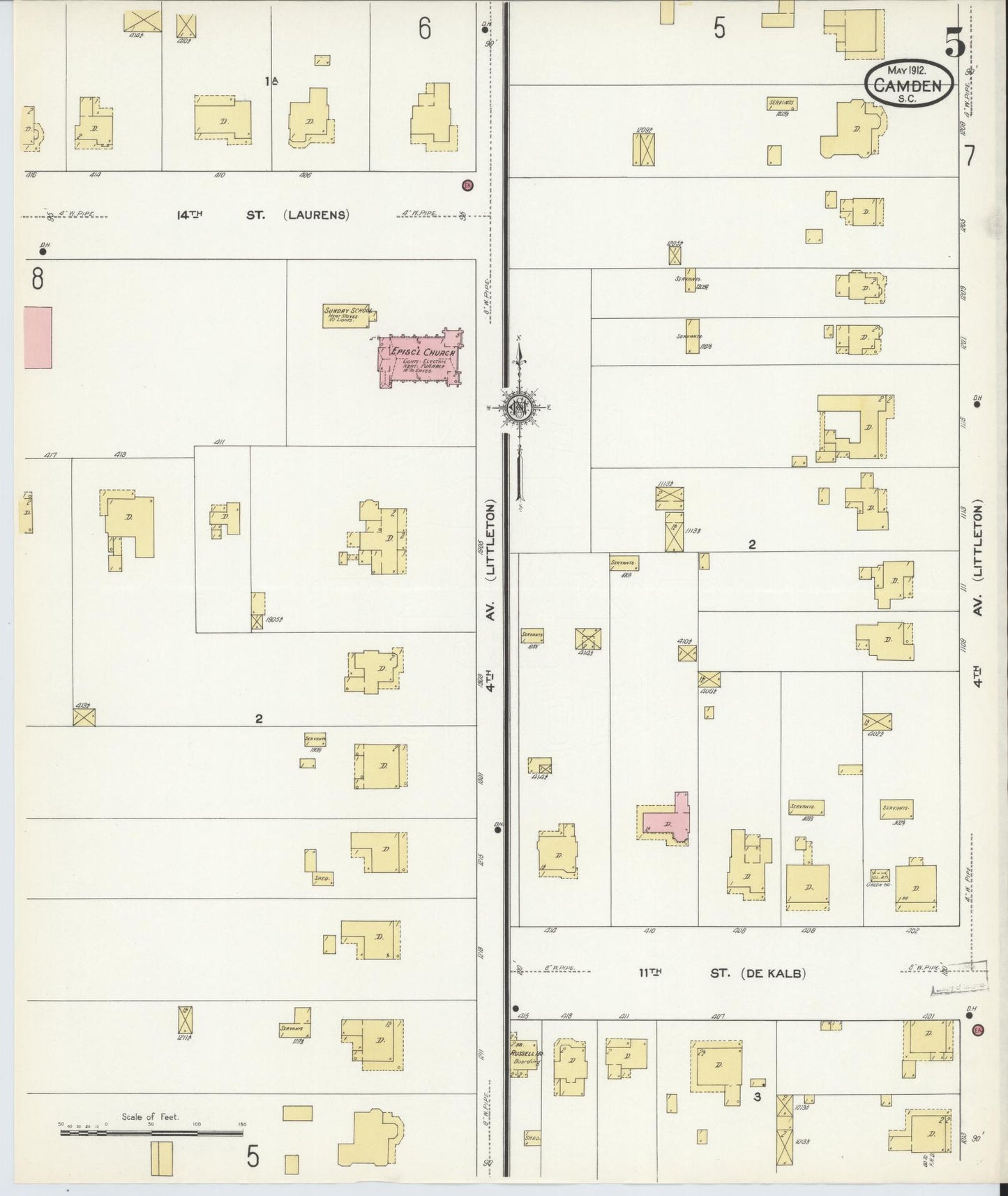 Sanborn Fire Insurance Map from Camden, Kershaw County, South Carolina (1912), Sheet #0005 - Historic Sanborn Fire Insurance Map Print, vintage old map wall art, antique decor, genealogy gift, South Carolina South Carolina map