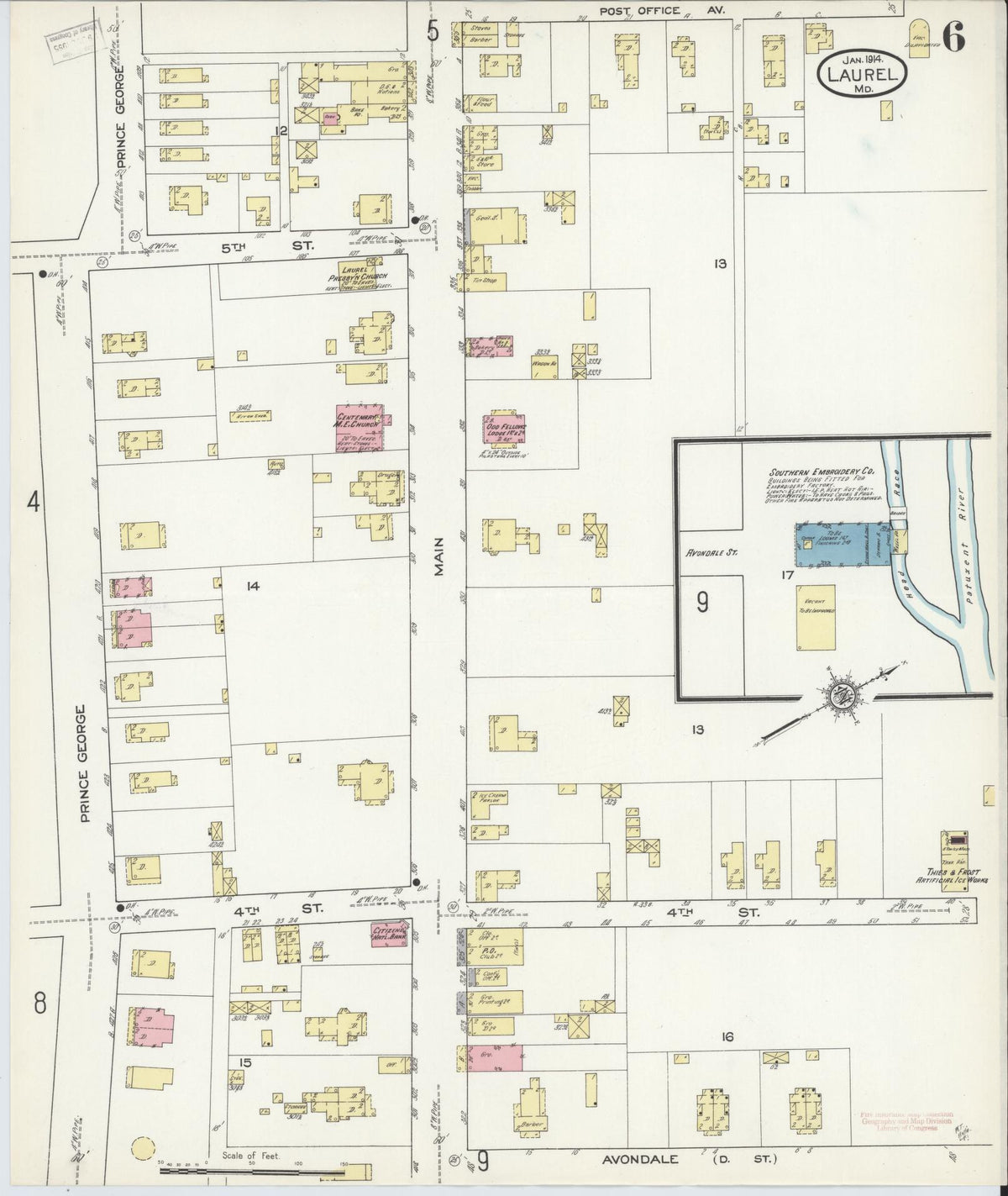 Sanborn Fire Insurance Map from Laurel, Prince Georges County, Maryland (1914), Sheet #0006 - Historic Sanborn Fire Insurance Map Print, vintage old map wall art, antique decor, genealogy gift, Maryland Maryland map