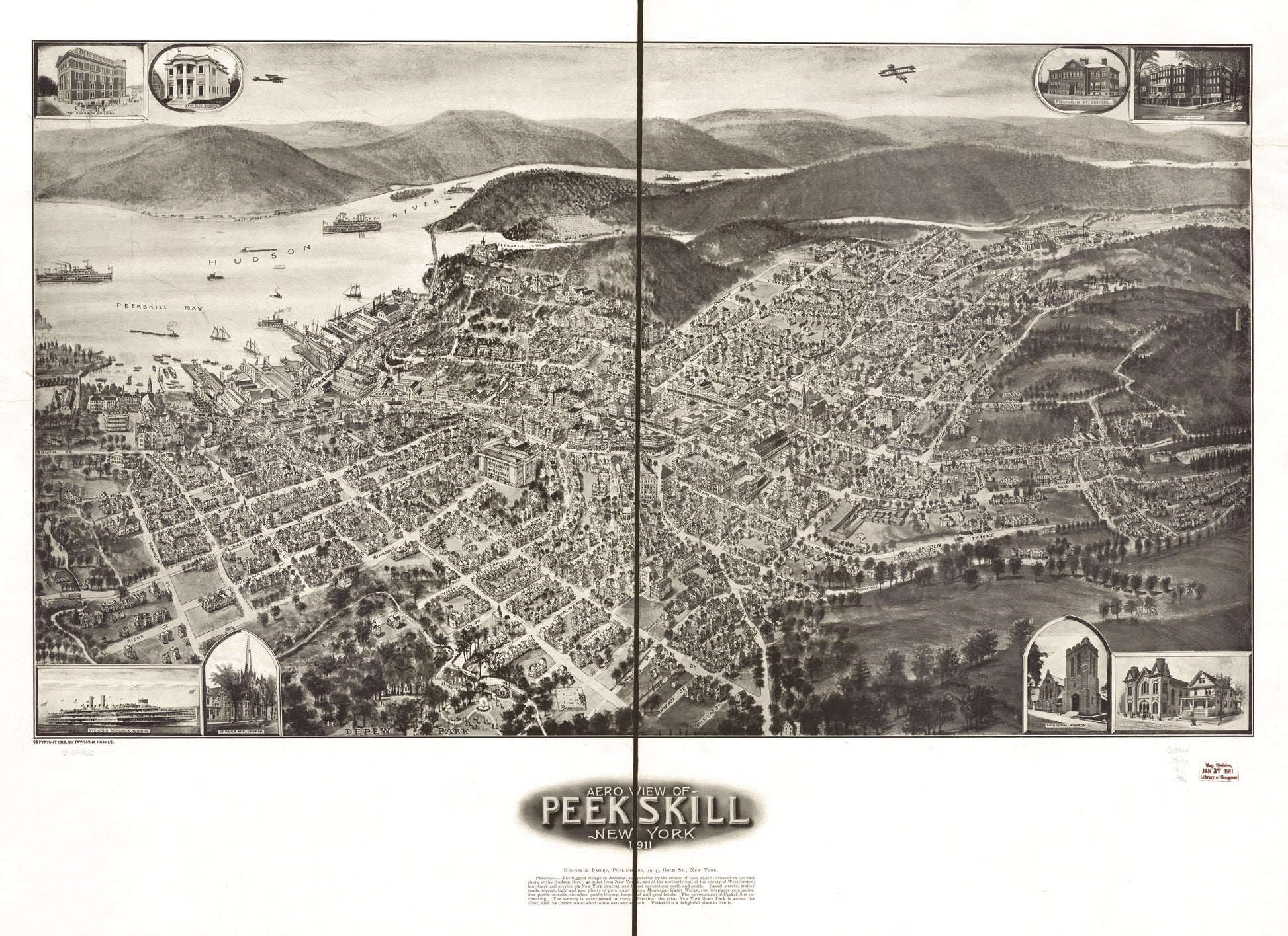 Aero view of Peekskill, New York 1911. (1911) – Historic Bird’s-Eye View Panorama Print