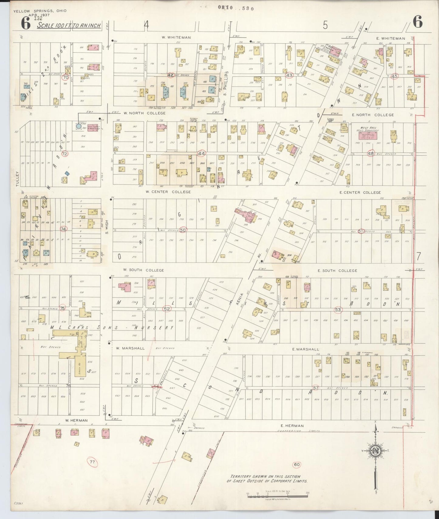 Sanborn Fire Insurance Map from Yellow Springs, Greene County, Ohio (1945), Sheet #0006 - Historic Sanborn Fire Insurance Map Print, vintage old map wall art, antique decor, genealogy gift, Ohio Ohio map