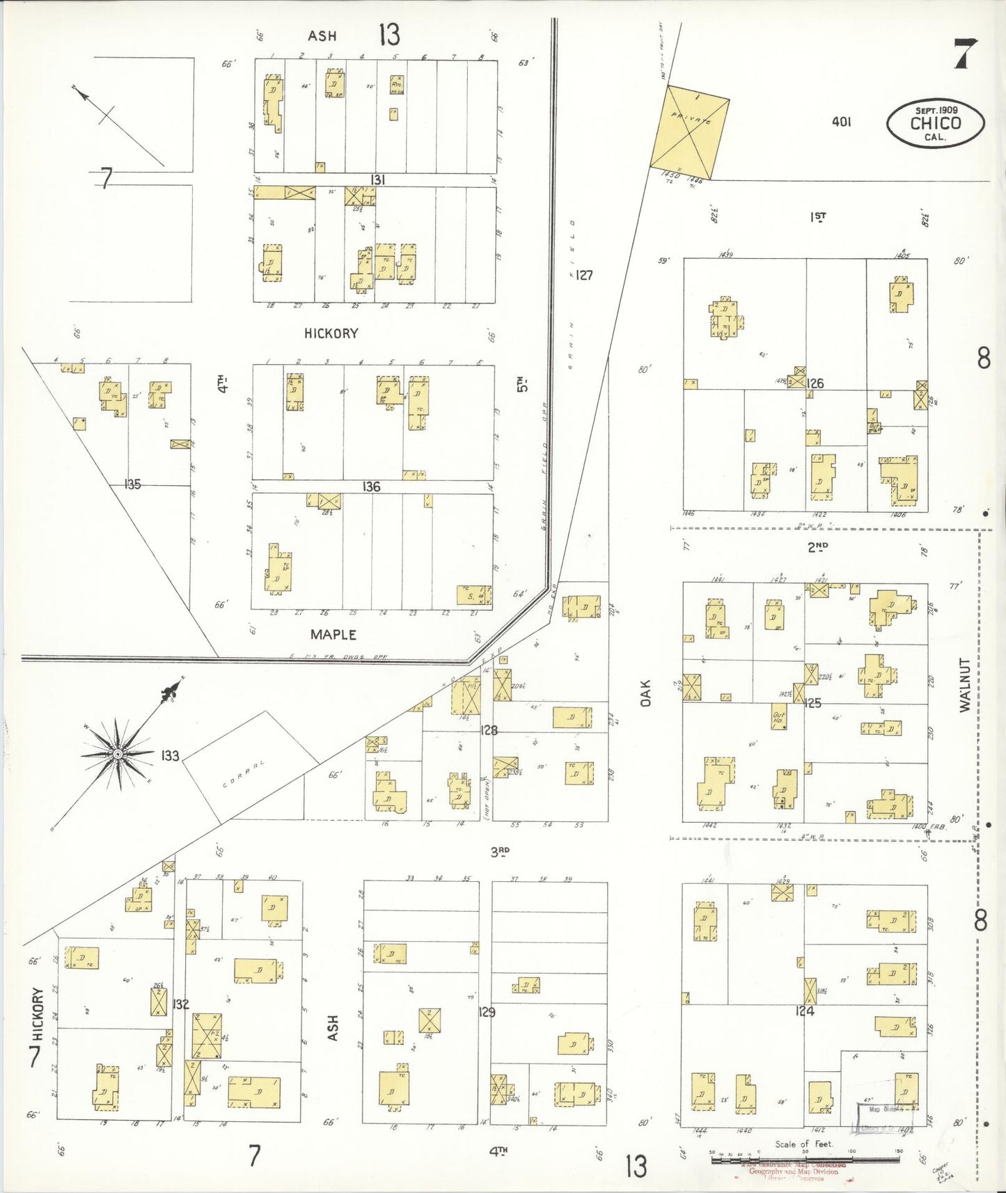 Sanborn Fire Insurance Map from Chico, Butte County, California (1909), Sheet #0007 - Historic Sanborn Fire Insurance Map Print, vintage old map wall art, antique decor, genealogy gift, California California map