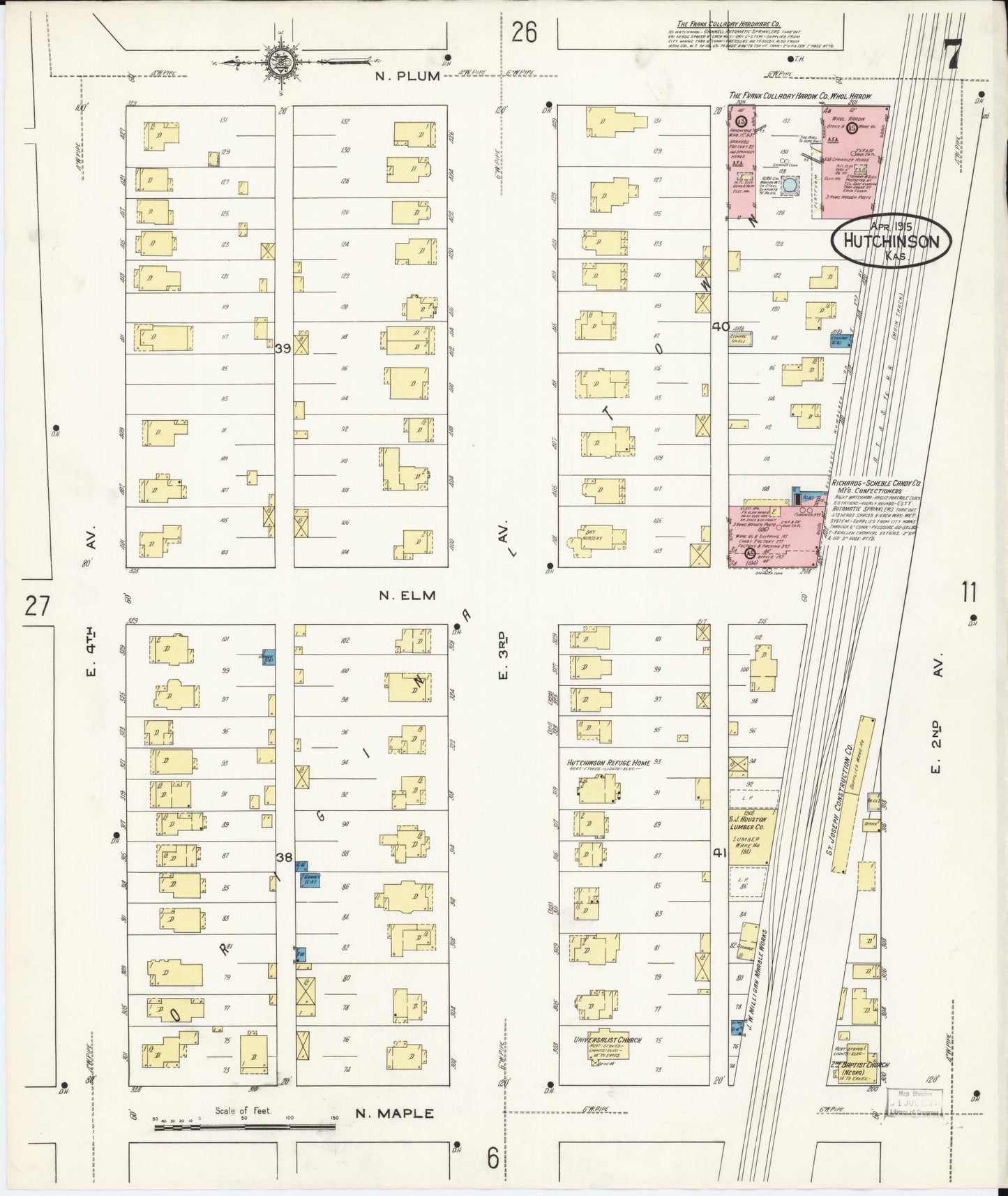 Sanborn Fire Insurance Map from Hutchinson, Reno County, Kansas (1915), Sheet #0008 - Historic Sanborn Fire Insurance Map Print, vintage old map wall art, antique decor, genealogy gift, Kansas Kansas map