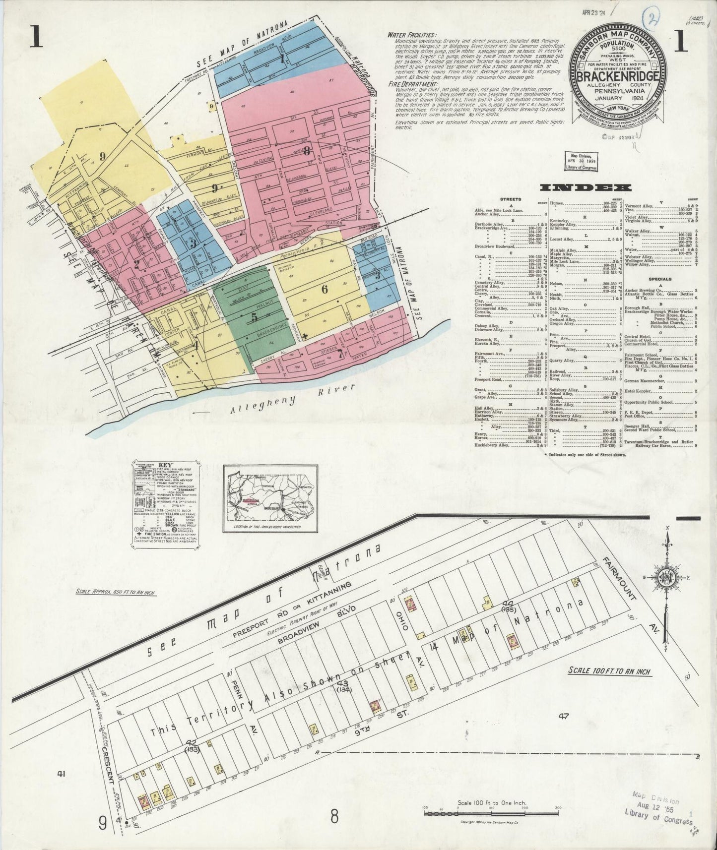 Sanborn Fire Insurance Map from Brackenridge, Allegheny County, Pennsylvania (1924), Sheet #0001 - Historic Sanborn Fire Insurance Map Print, vintage old map wall art, antique decor, genealogy gift, Pennsylvania Pennsylvania map