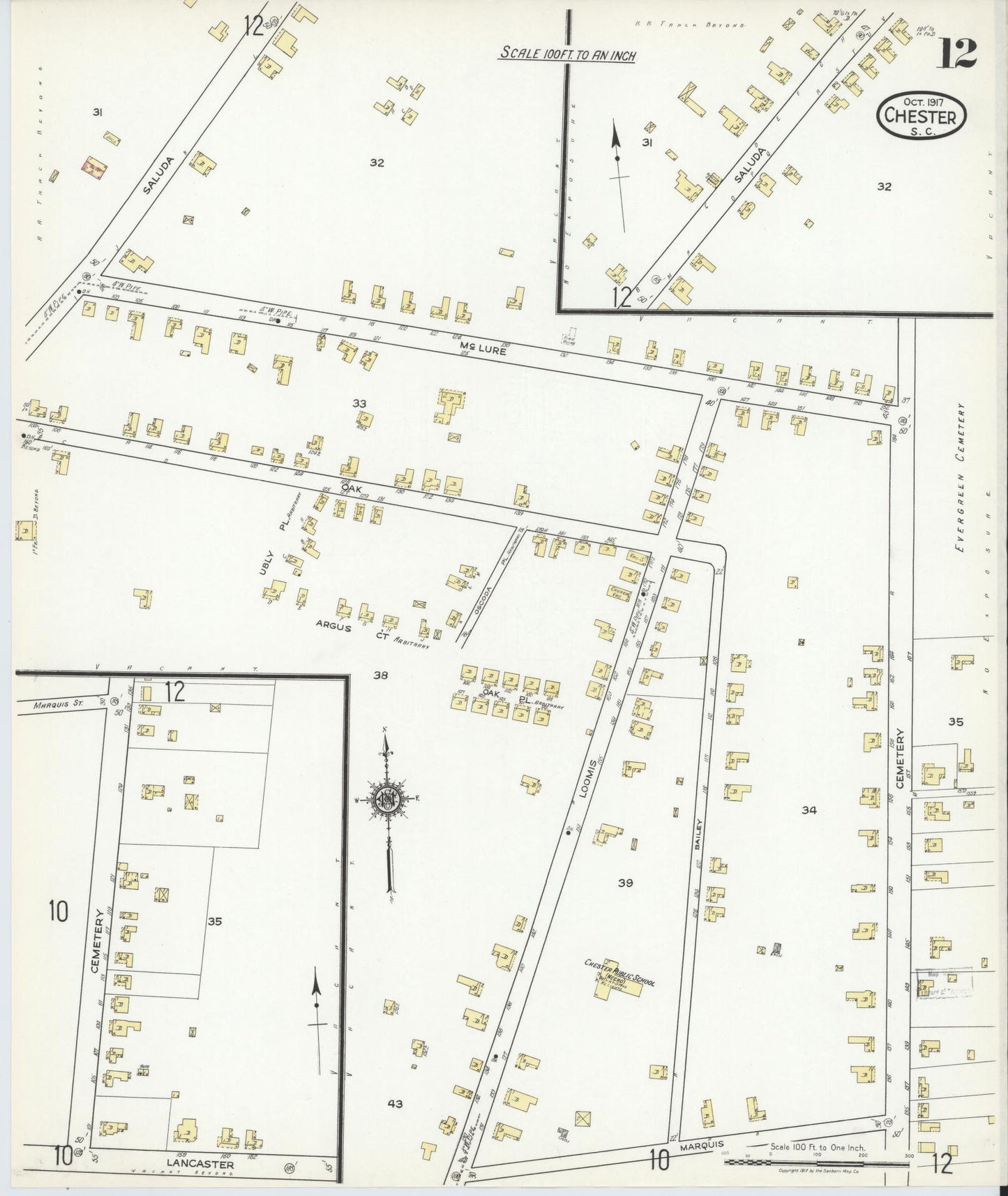 Sanborn Fire Insurance Map from Chester, Chester County, South Carolina (1917), Sheet #0012 - Historic Sanborn Fire Insurance Map Print, vintage old map wall art, antique decor, genealogy gift, South Carolina South Carolina map