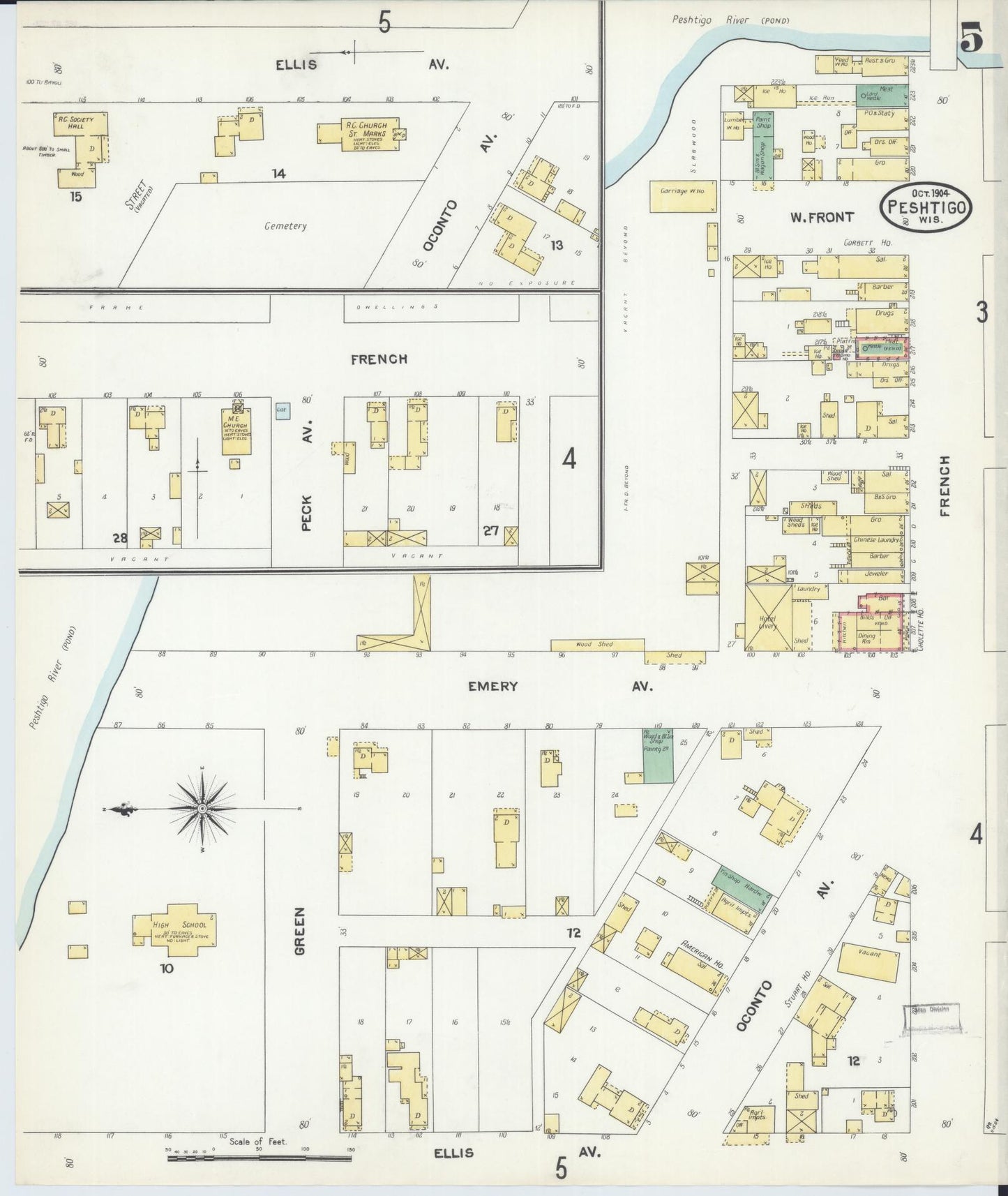 Sanborn Fire Insurance Map from Peshtigo, Marinette County, Wisconsin (1904), Sheet #0005 - Historic Sanborn Fire Insurance Map Print, vintage old map wall art, antique decor, genealogy gift, Wisconsin Wisconsin map