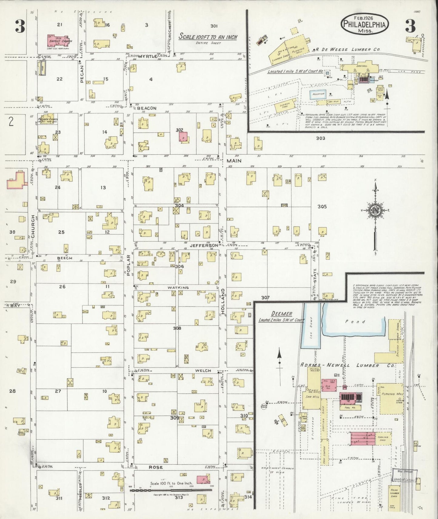Sanborn Fire Insurance Map from Philadelphia, Neshoba County, Mississippi (1926), Sheet #0003 - Historic Sanborn Fire Insurance Map Print, vintage old map wall art, antique decor, genealogy gift, Mississippi Mississippi map