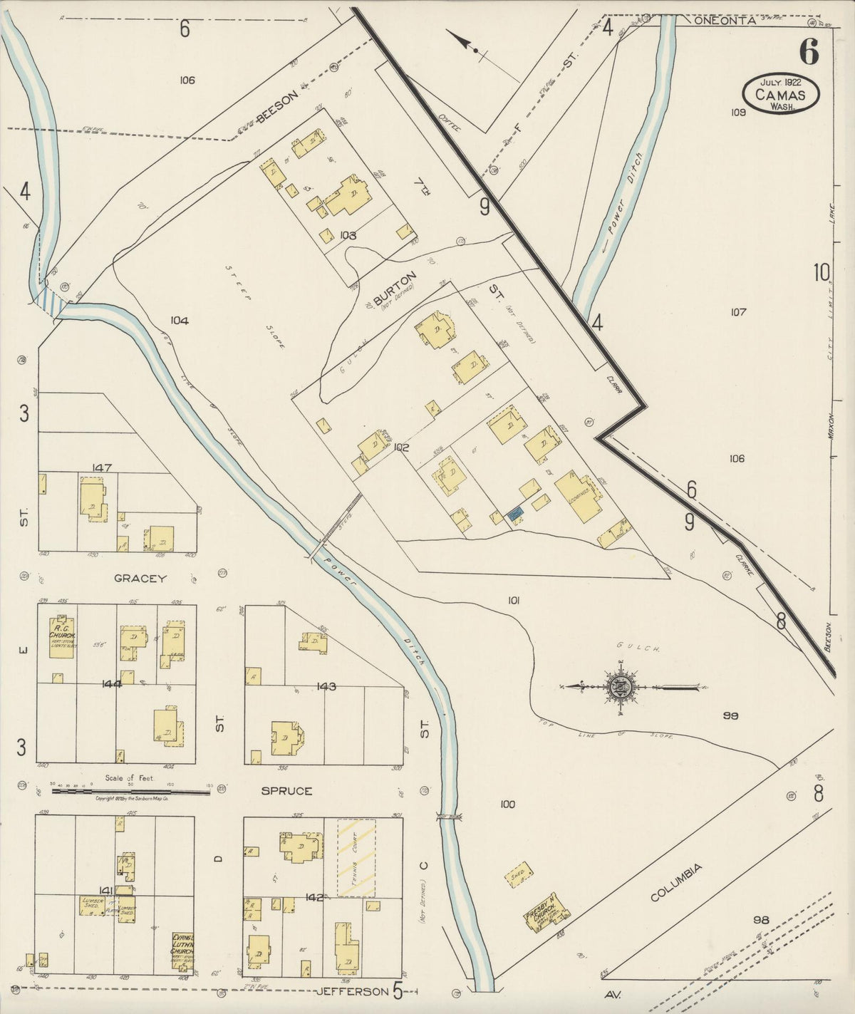 Sanborn Fire Insurance Map from Camas, Clark County, Washington (1922), Sheet #0006 - Historic Sanborn Fire Insurance Map Print, vintage old map wall art, antique decor, genealogy gift, Washington Washington map