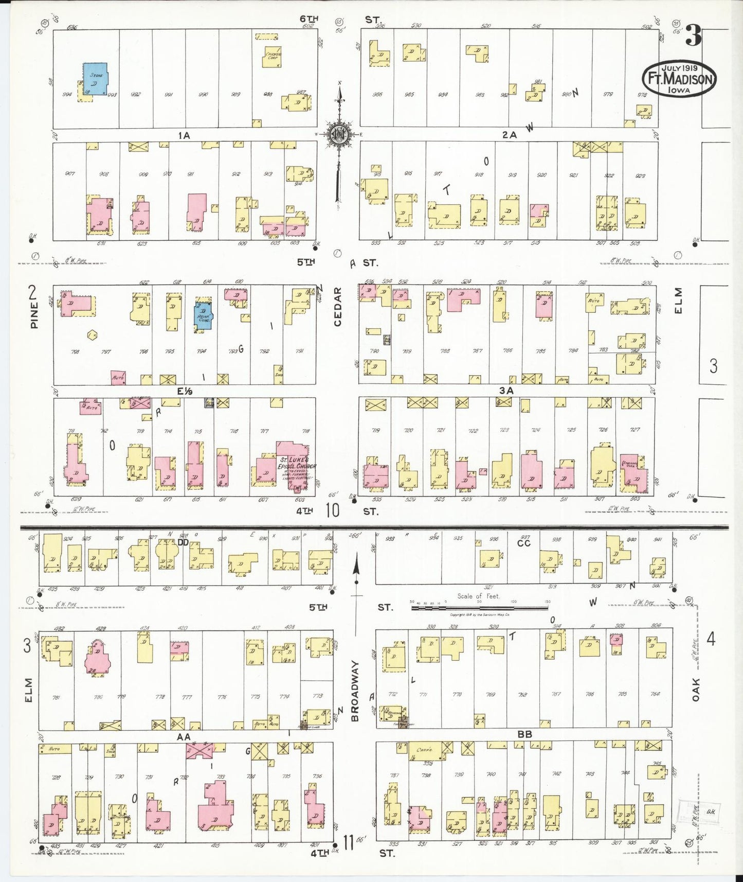 Sanborn Fire Insurance Map from Fort Madison, Lee County, Iowa (1919), Sheet #0003 - Historic Sanborn Fire Insurance Map Print, vintage old map wall art