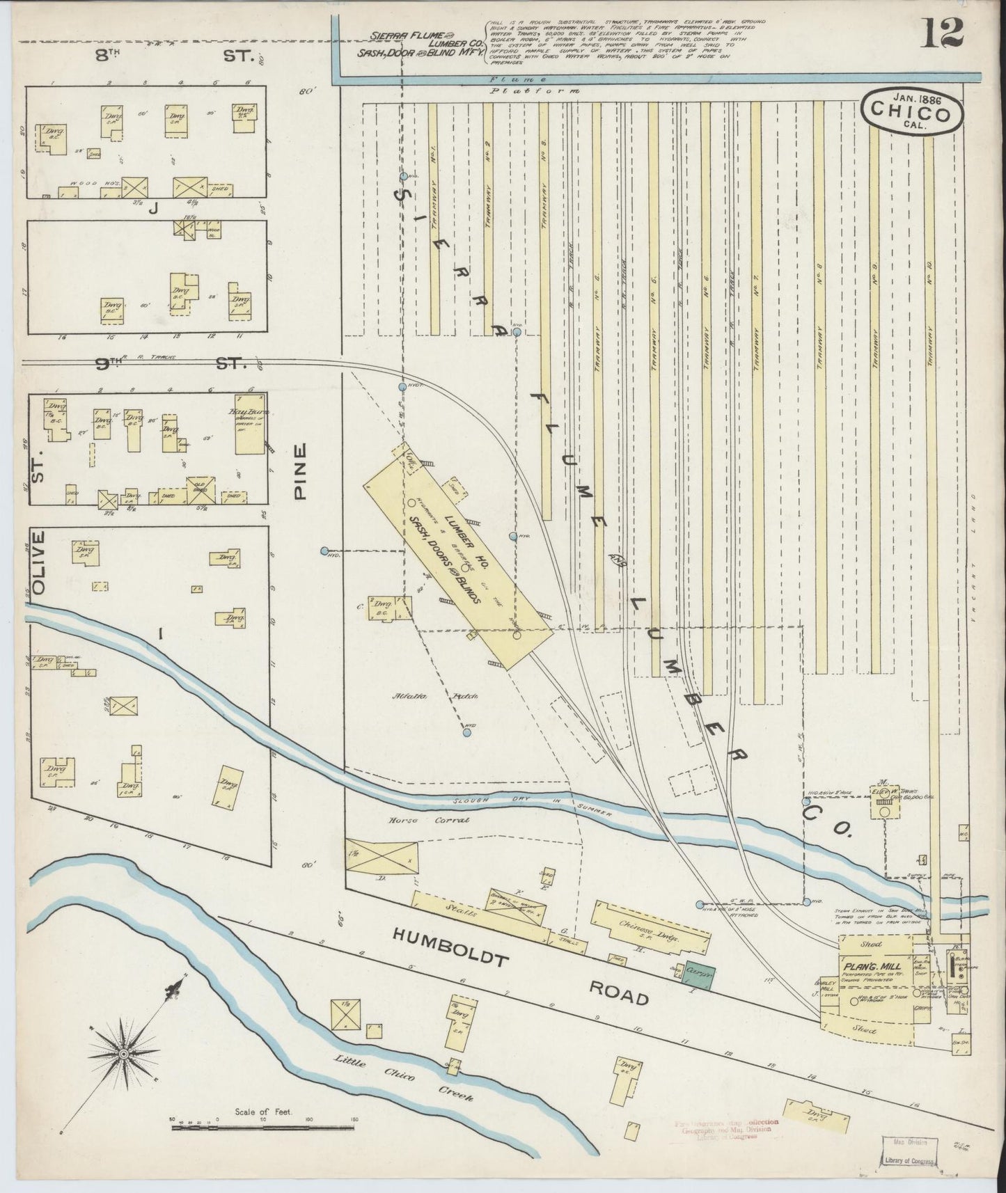 Sanborn Fire Insurance Map from Chico, Butte County, California (1886), Sheet #0012 - Historic Sanborn Fire Insurance Map Print, vintage old map wall art, antique decor, genealogy gift, California California map