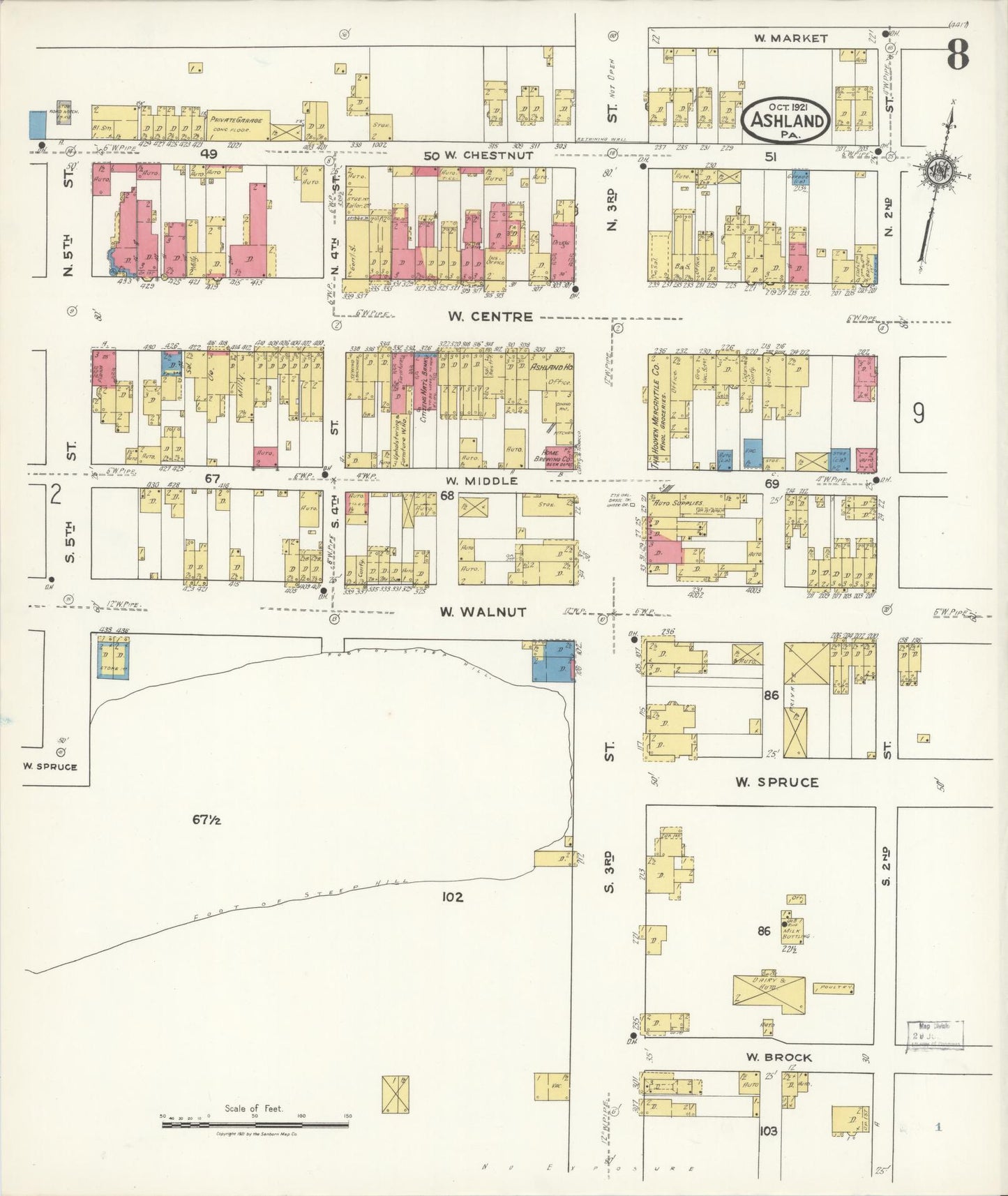 Sanborn Fire Insurance Map from Ashland, Schuylkill County, Pennsylvania (1921), Sheet #0008 - Historic Sanborn Fire Insurance Map Print, vintage old map wall art, antique decor, genealogy gift, Pennsylvania Pennsylvania map