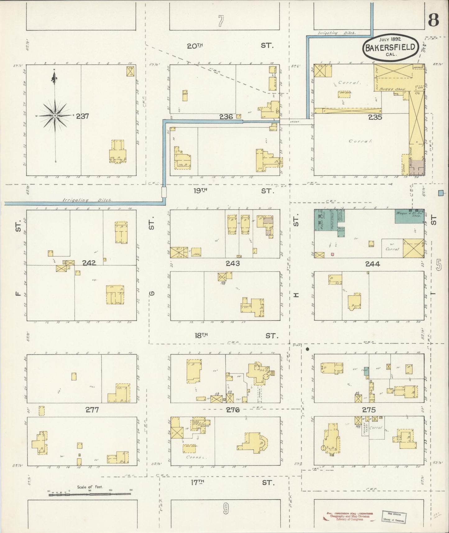 Sanborn Fire Insurance Map from Bakersfield, Kern County, California (1892), Sheet #0008 - Historic Sanborn Fire Insurance Map Print, vintage old map wall art, antique decor, genealogy gift, California California map