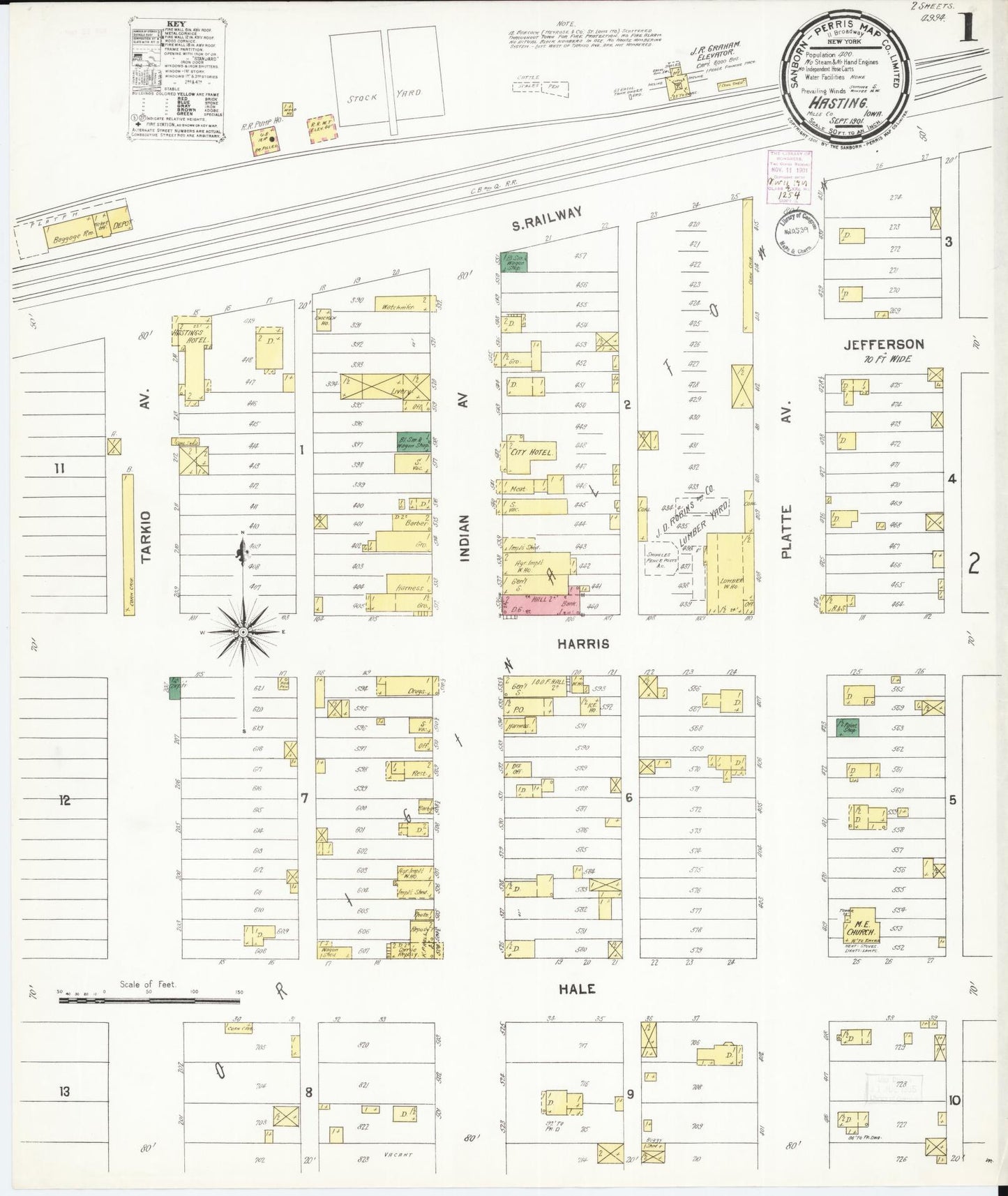 Sanborn Fire Insurance Map from Hastings, Mills County, Iowa (1901), Sheet #0001 - Historic Sanborn Fire Insurance Map Print, vintage old map wall art