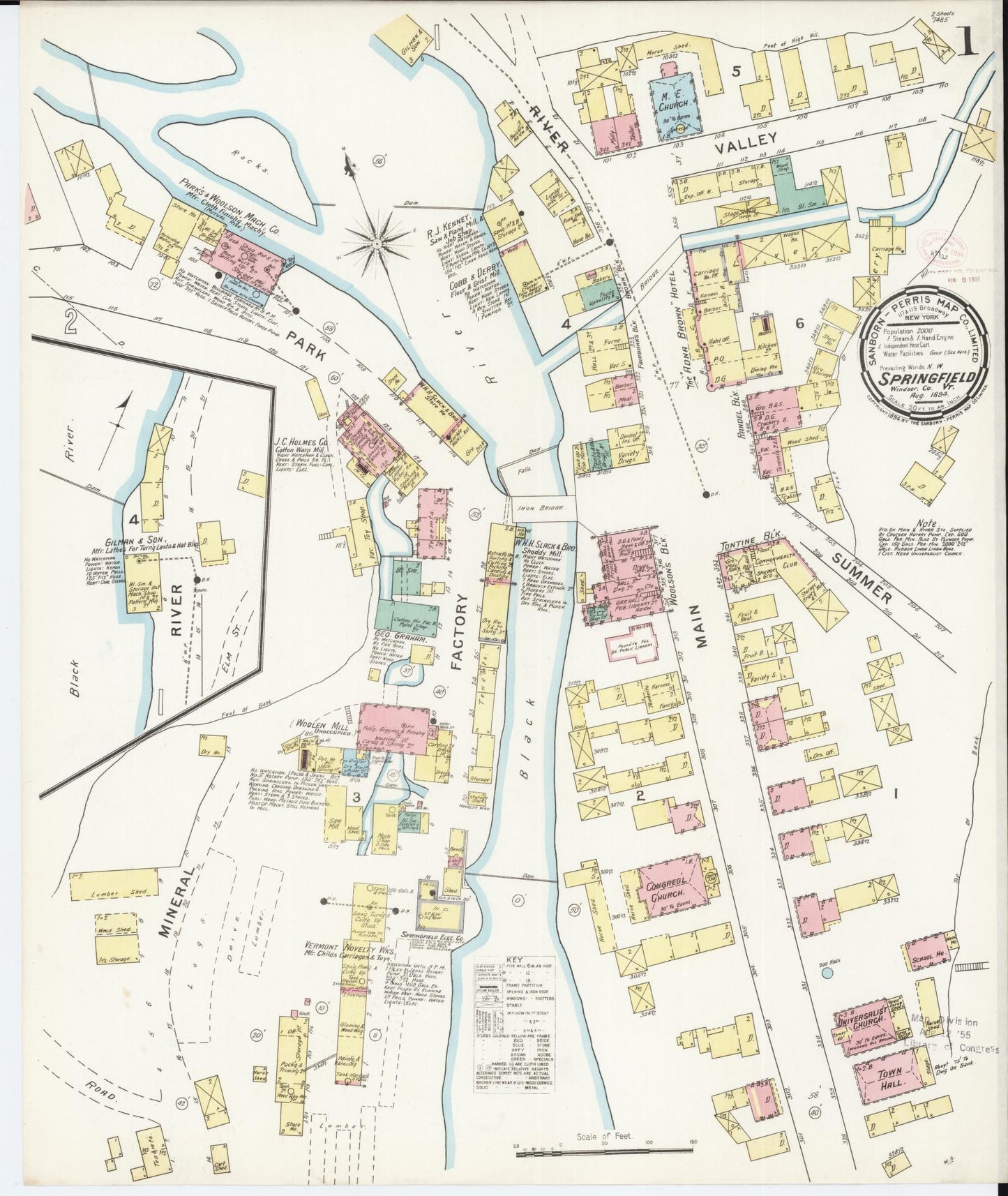 Sanborn Fire Insurance Map from Springfield, Windsor County, Vermont (1894), Sheet #0001 - Historic Sanborn Fire Insurance Map Print, vintage old map wall art, antique decor, genealogy gift, Vermont Vermont map