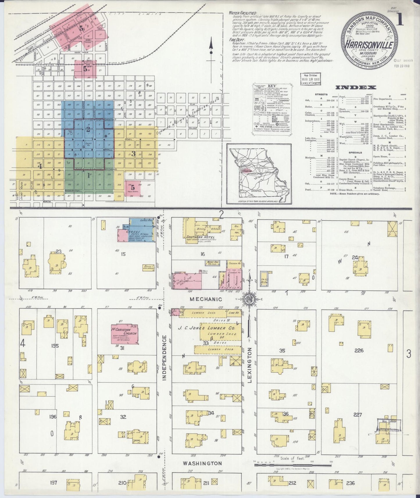 Sanborn Fire Insurance Map from Harrisonville, Cass County, Missouri (1918), Sheet #0001 - Historic Sanborn Fire Insurance Map Print, vintage old map wall art, antique decor, genealogy gift, Missouri Missouri map