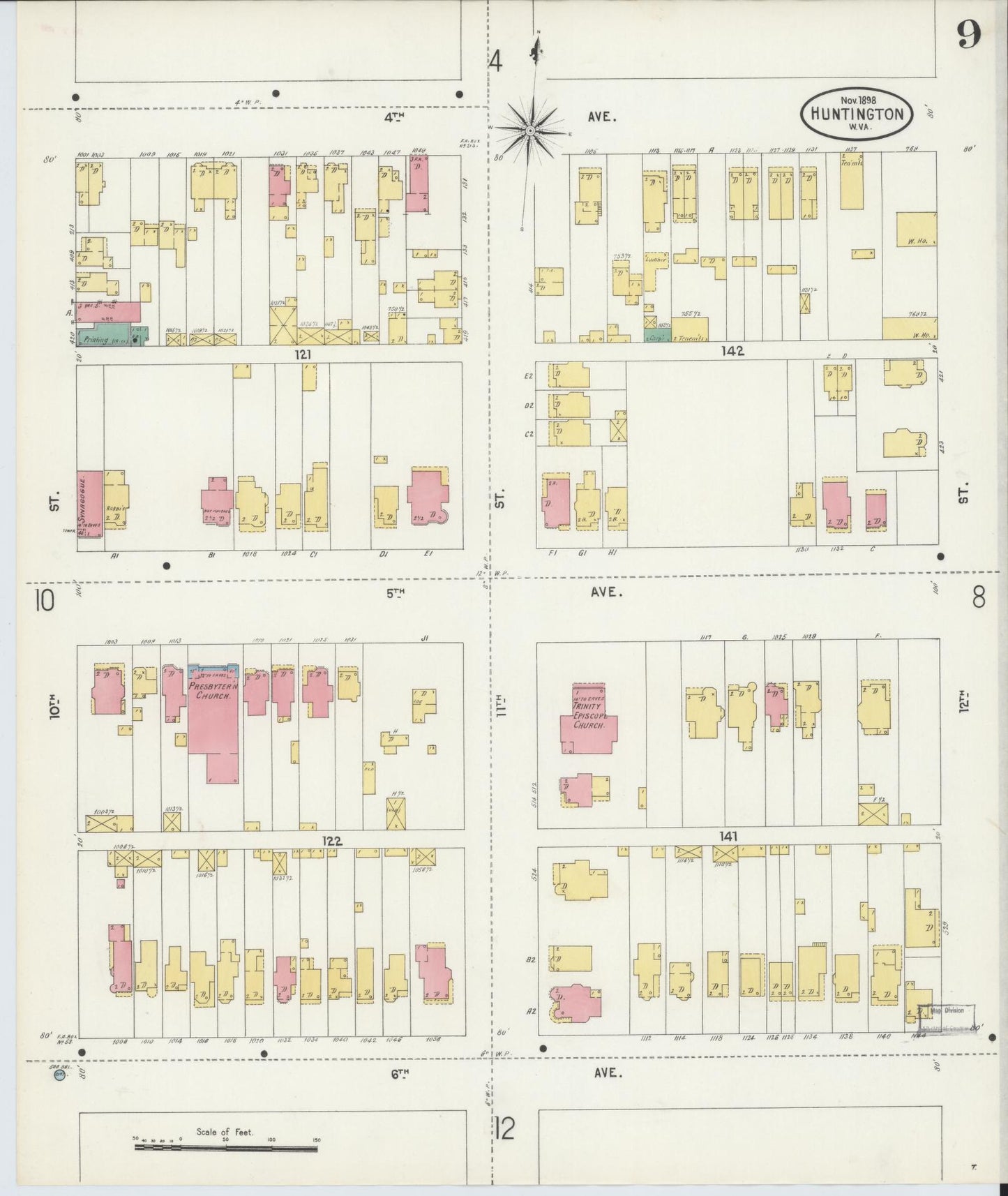 Sanborn Fire Insurance Map from Huntington, Cabell County, West Virginia (1898), Sheet #0009 - Historic Sanborn Fire Insurance Map Print, vintage old map wall art, antique decor, genealogy gift, West Virginia West Virginia map