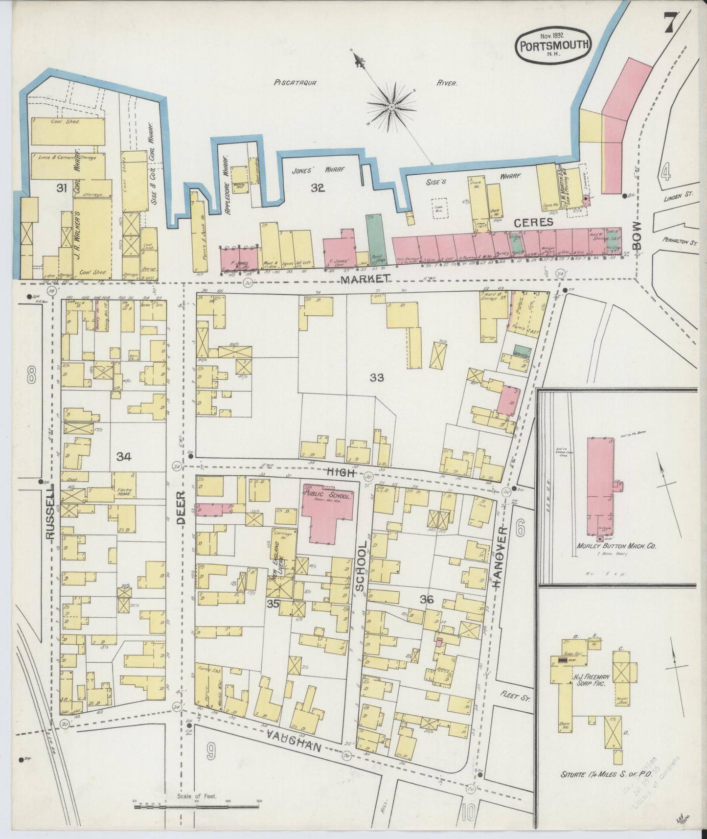 Sanborn Fire Insurance Map from Portsmouth, Rockingham County, New Hampshire (1892), Sheet #0007 - Historic Sanborn Fire Insurance Map Print, vintage old map wall art, antique decor, genealogy gift, New Hampshire New Hampshire map