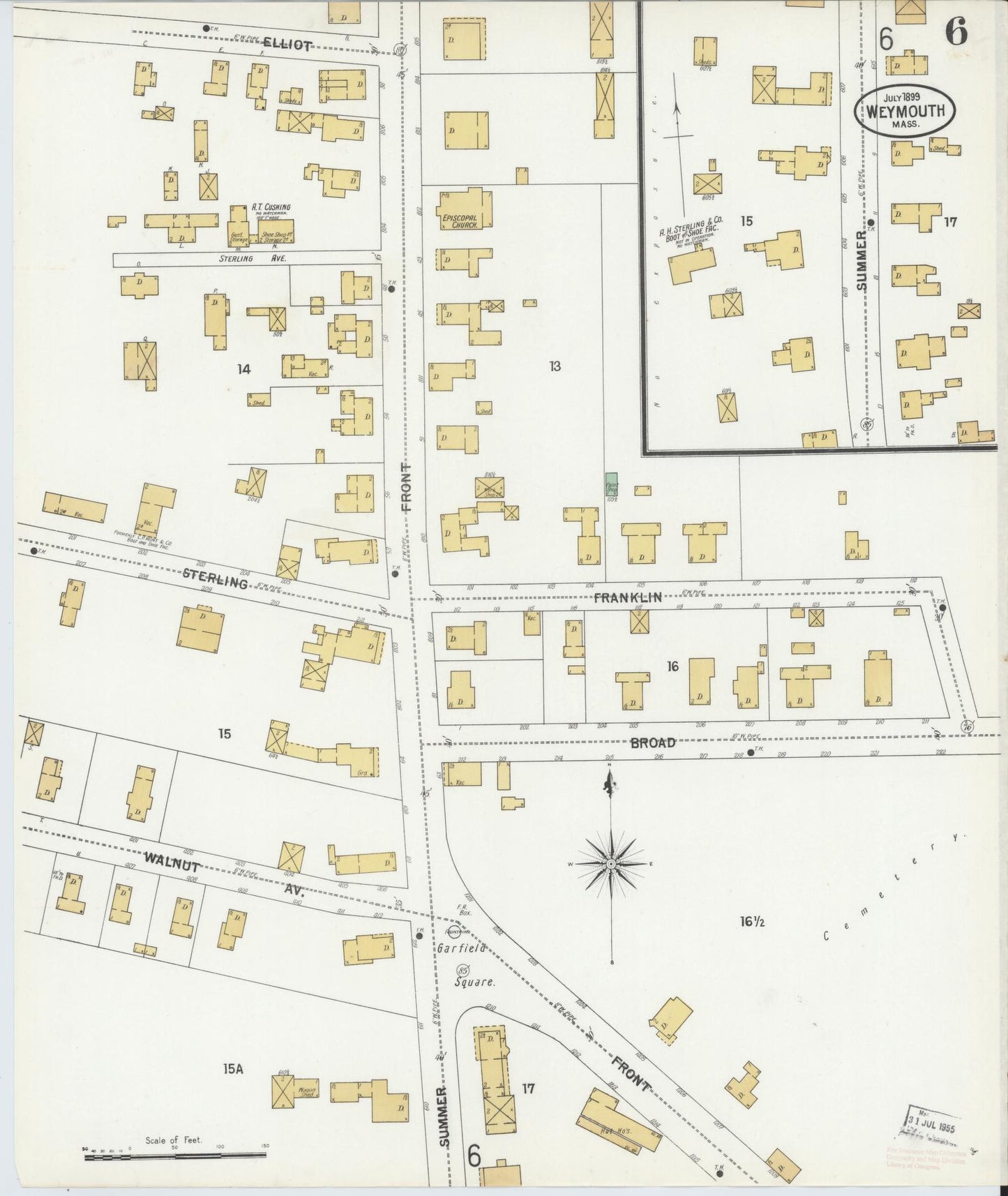 Sanborn Fire Insurance Map from Weymouth, Norfolk County, Massachusetts (1899), Sheet #0006 - Historic Sanborn Fire Insurance Map Print, vintage old map wall art, antique decor, genealogy gift, Massachusetts Massachusetts map