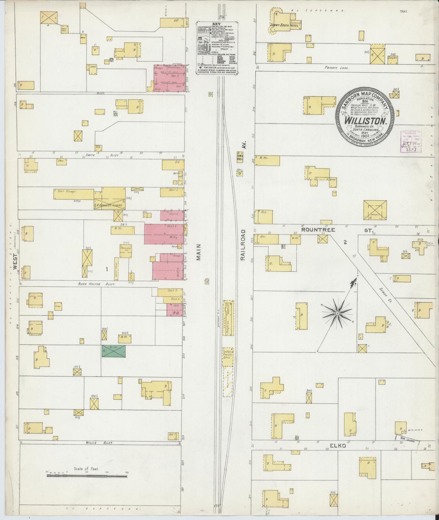 Sanborn Fire Insurance Map from Williston, Barnwell County, South Carolina (1905), Sheet #0001 - Historic Sanborn Fire Insurance Map Print, vintage old map wall art, antique decor, genealogy gift, South Carolina South Carolina map