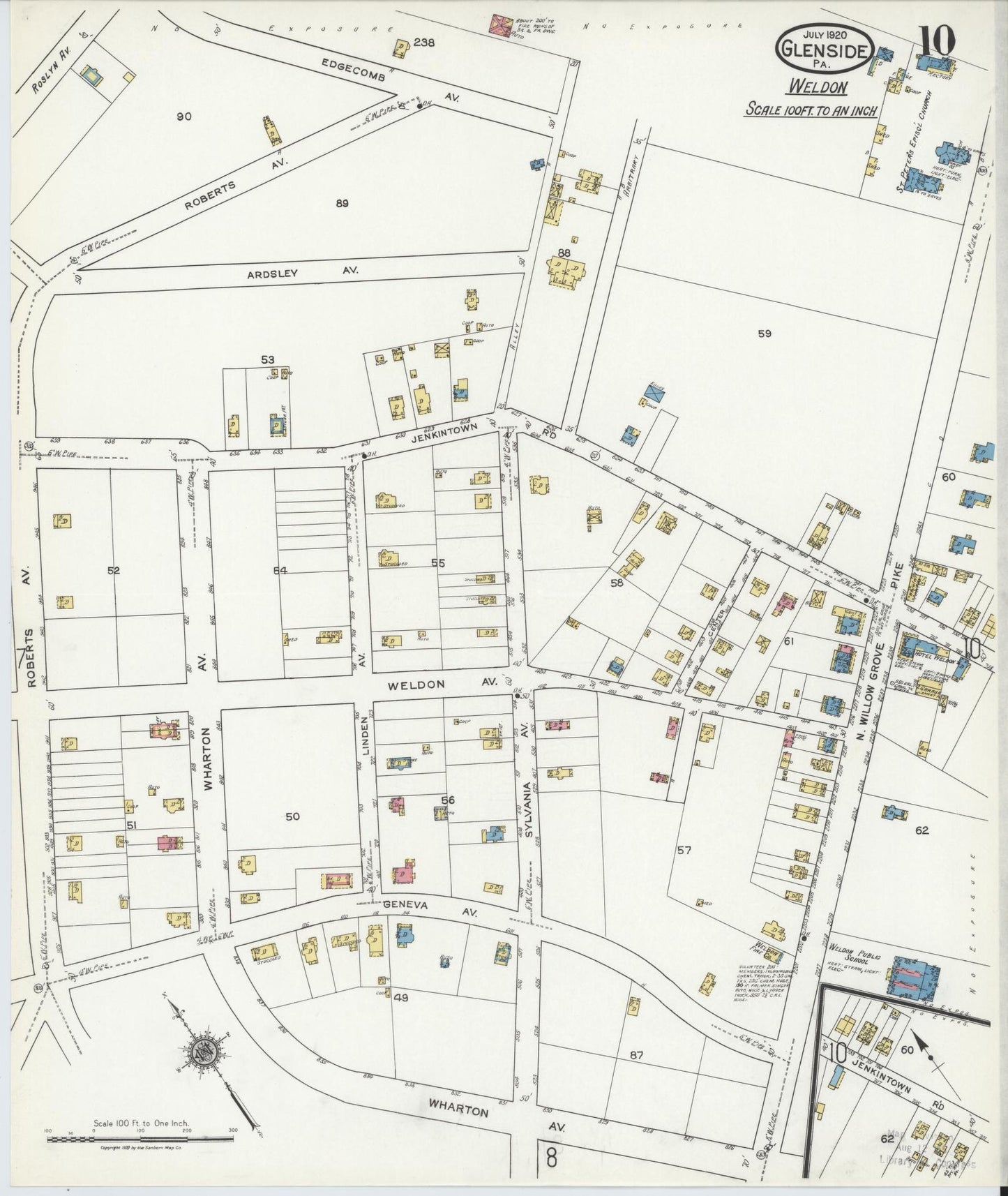 Sanborn Fire Insurance Map from Glenside, Montgomery County, Pennsylvania (1920), Sheet #0010 - Historic Sanborn Fire Insurance Map Print, vintage old map wall art, antique decor, genealogy gift, Pennsylvania Pennsylvania map