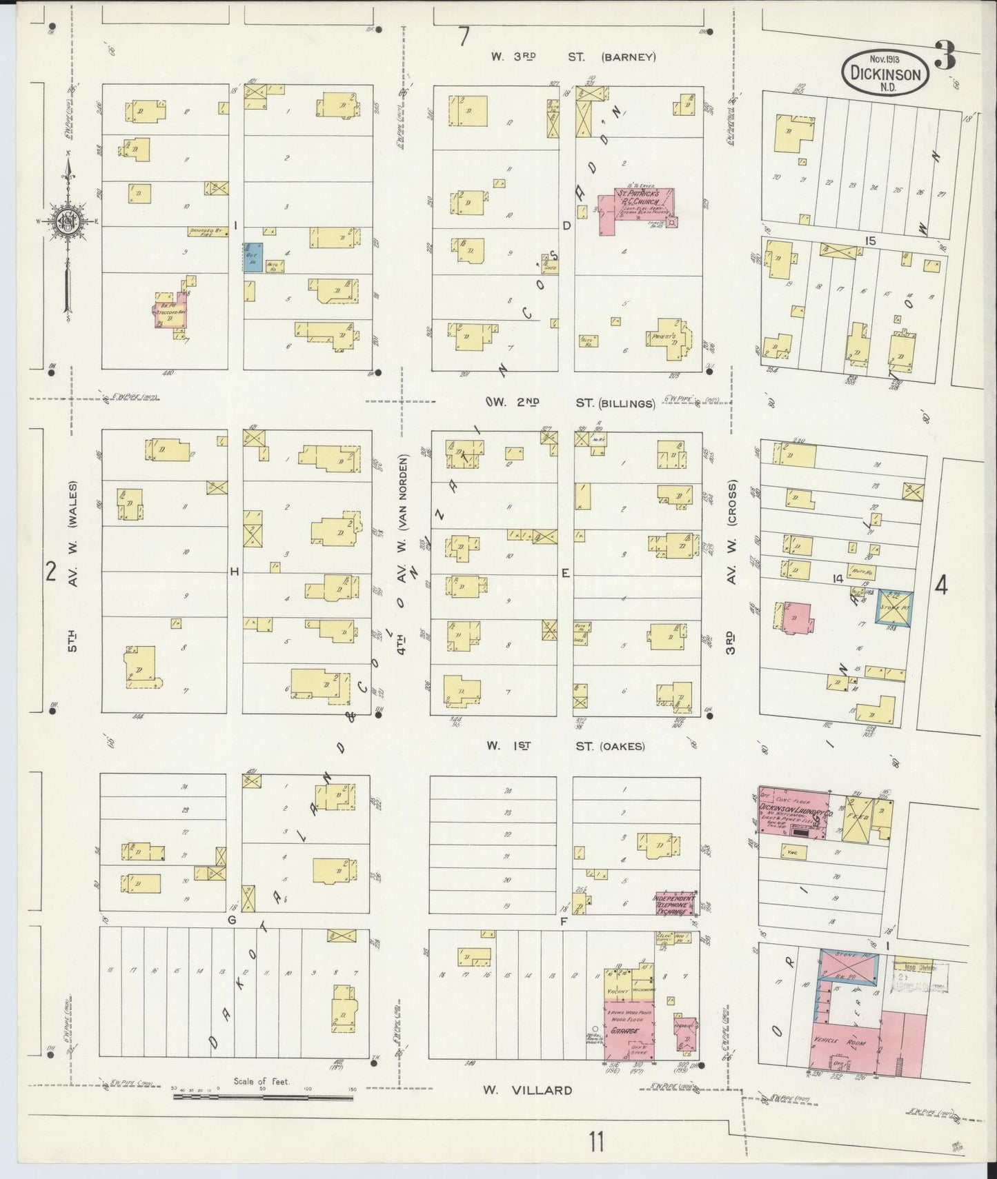 Sanborn Fire Insurance Map from Dickinson, Stark County, North Dakota (1913), Sheet #0003 - Historic Sanborn Fire Insurance Map Print, vintage old map wall art, antique decor, genealogy gift, North Dakota North Dakota map