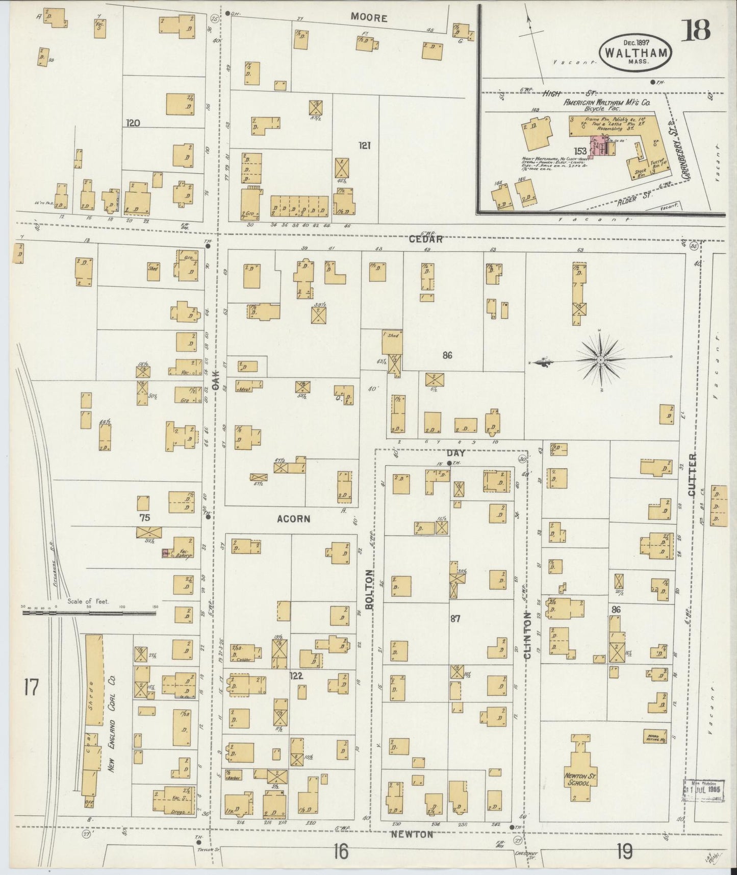 Sanborn Fire Insurance Map from Waltham, Middlesex County, Massachusetts (1897), Sheet #0018 - Historic Sanborn Fire Insurance Map Print, vintage old map wall art, antique decor, genealogy gift, Massachusetts Massachusetts map