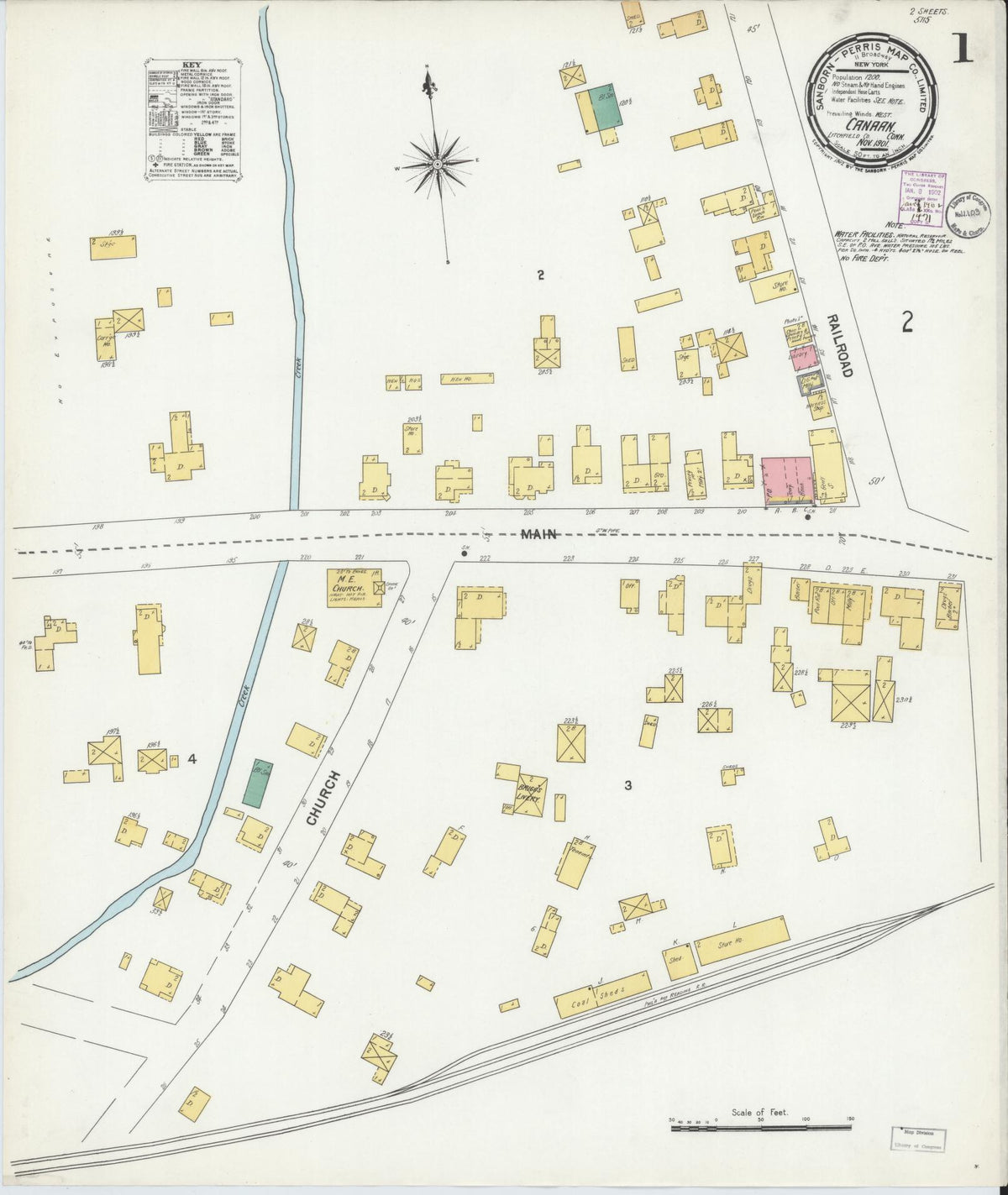 Sanborn Fire Insurance Map from Canaan, Litchfield County, Connecticut (1901), Sheet #0001 - Historic Sanborn Fire Insurance Map Print, vintage old map wall art, antique decor, genealogy gift, Connecticut Connecticut map
