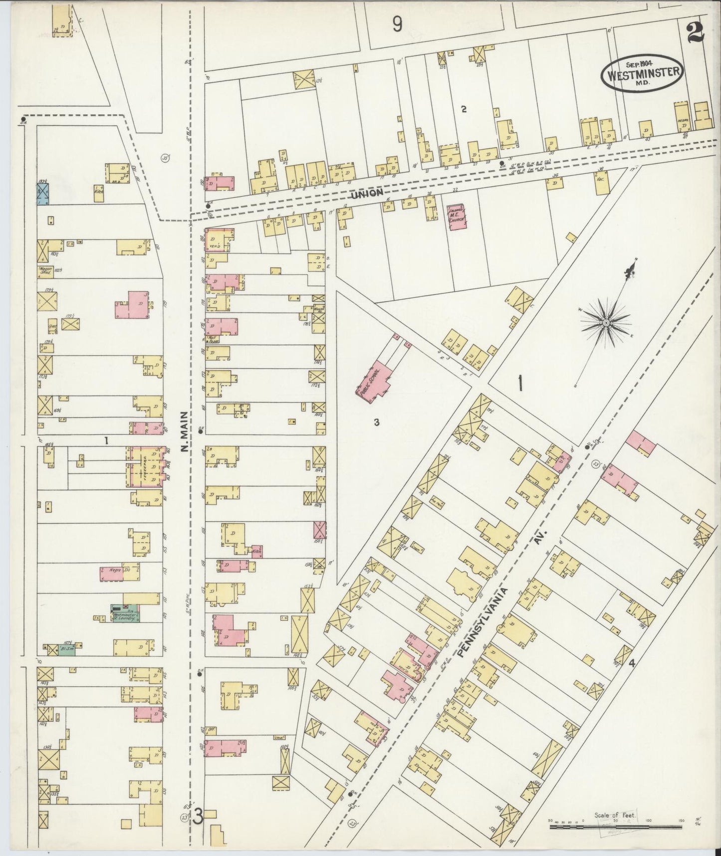 Sanborn Fire Insurance Map from Westminster, Carroll County, Maryland (1904), Sheet #0002 - Historic Sanborn Fire Insurance Map Print, vintage old map wall art
