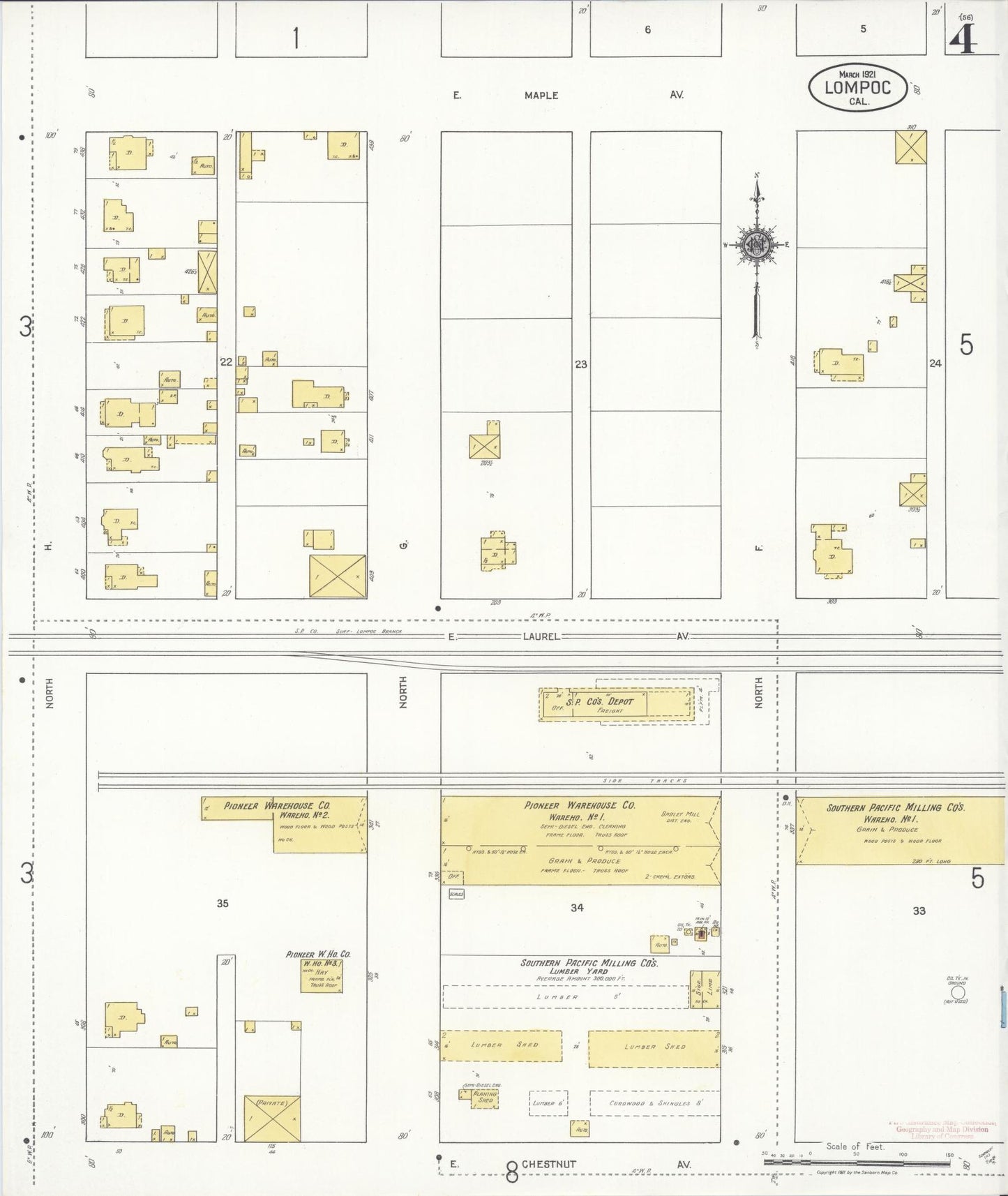 Sanborn Fire Insurance Map from Lompoc, Santa Barbara County, California (1921), Sheet #0004 - Historic Sanborn Fire Insurance Map Print, vintage old map wall art, antique decor, genealogy gift, California California map