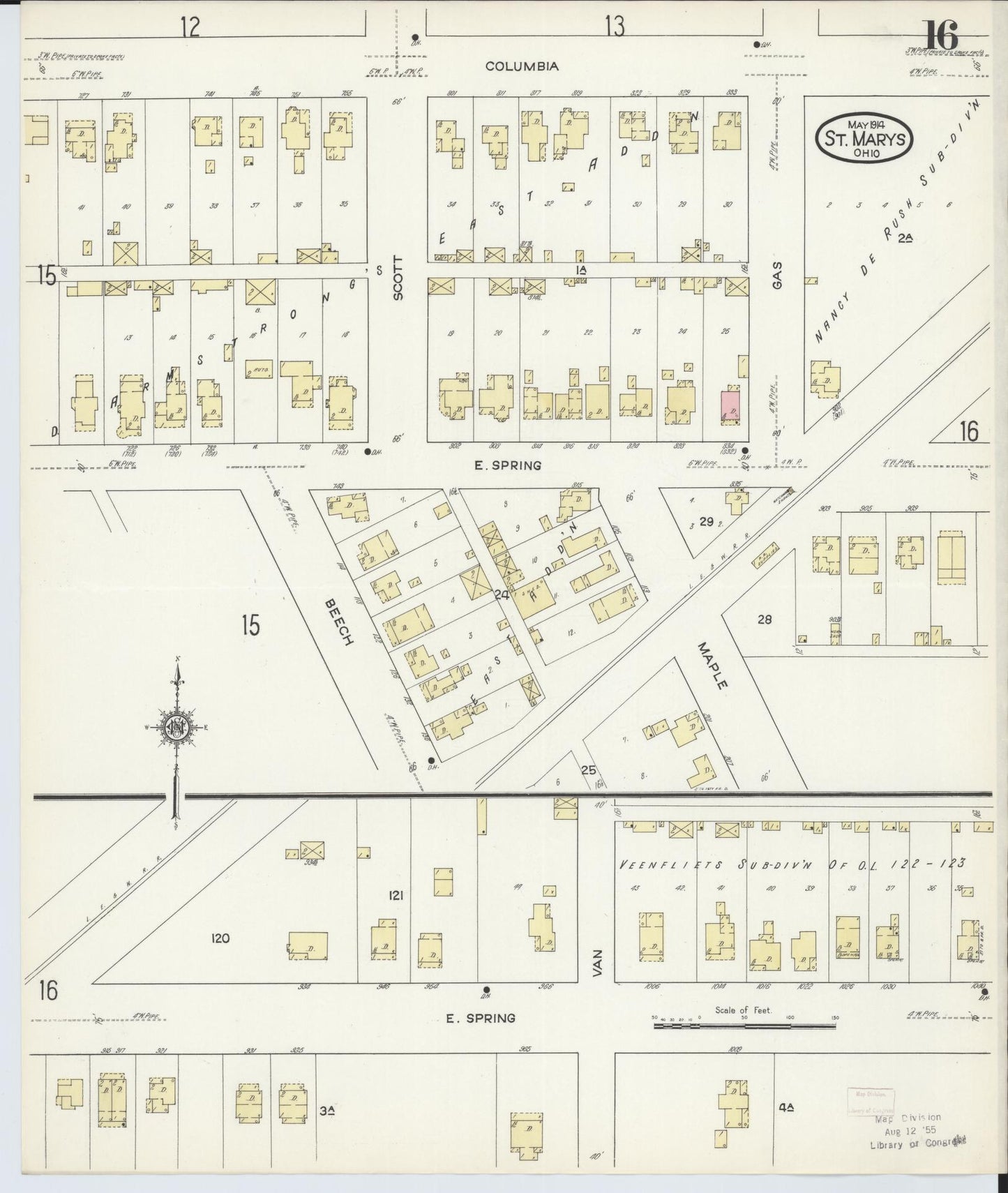 Sanborn Fire Insurance Map from Saint Marys, Auglaize County, Ohio (1914), Sheet #0016 - Historic Sanborn Fire Insurance Map Print, vintage old map wall art, antique decor, genealogy gift, Ohio Ohio map