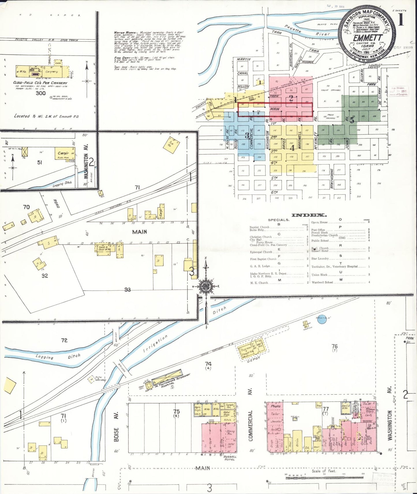 Sanborn Fire Insurance Map from Emmett, Gem County, Idaho (1911), Sheet #0001 - Historic Sanborn Fire Insurance Map Print, vintage old map wall art, antique decor, genealogy gift, Idaho Idaho map