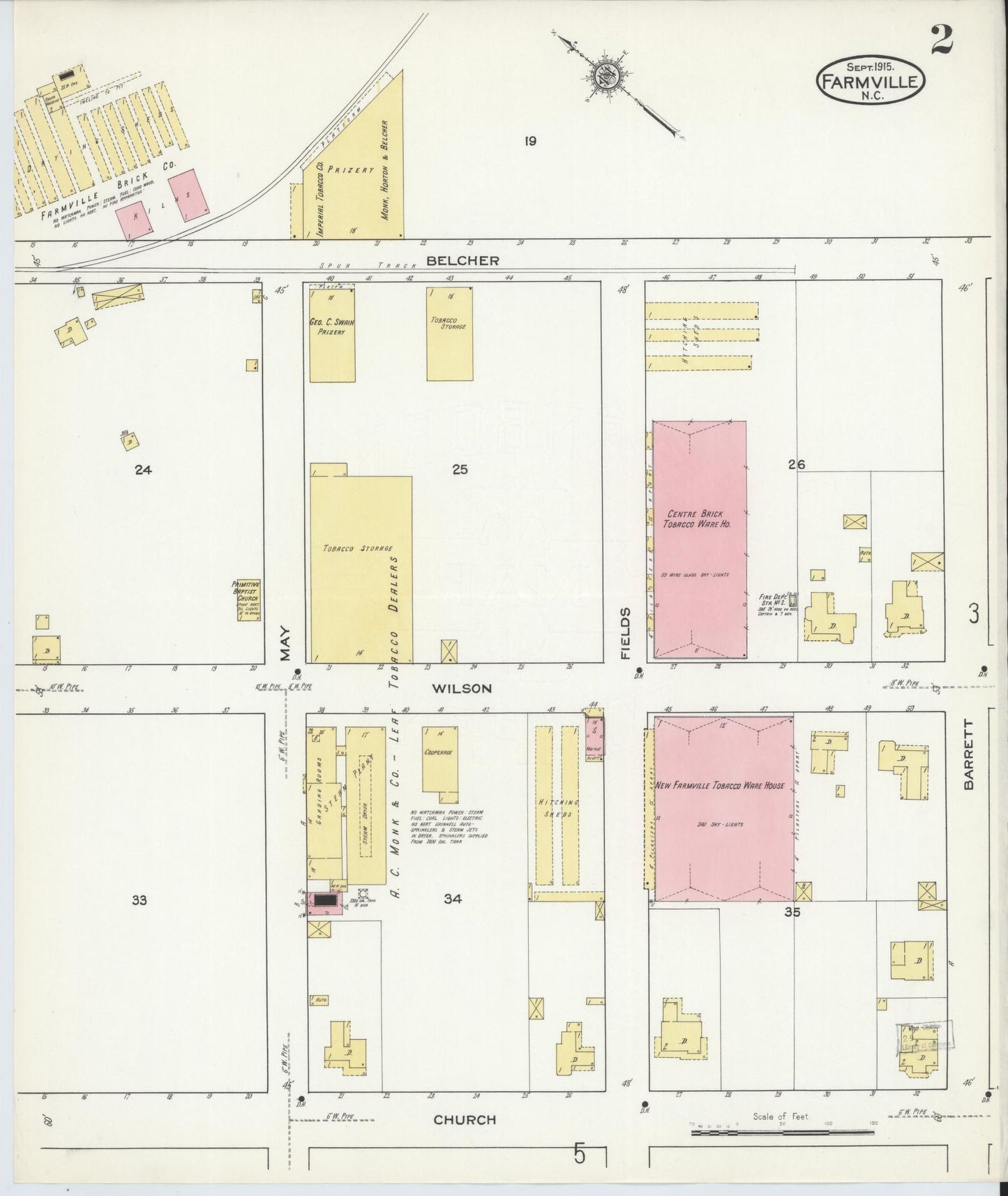 Sanborn Fire Insurance Map from Farmville, Pitt County, North Carolina (1915), Sheet #0002 - Historic Sanborn Fire Insurance Map Print, vintage old map wall art, antique decor, genealogy gift, North Carolina North Carolina map