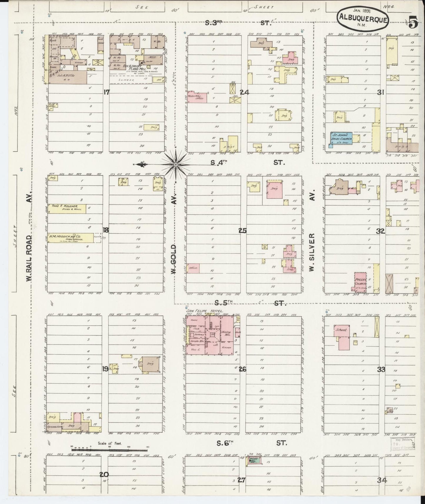 Sanborn Fire Insurance Map from Albuquerque, Bernalillo County, New Mexico (1891), Sheet #0005 - Historic Sanborn Fire Insurance Map Print, vintage old map wall art, antique decor, genealogy gift, New Mexico New Mexico map