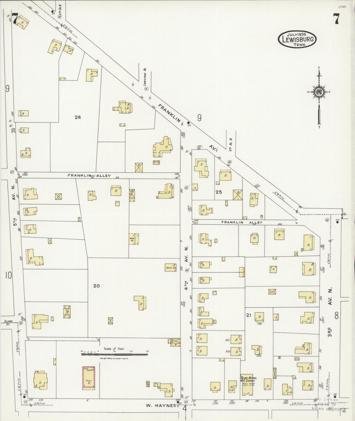 Sanborn Fire Insurance Map from Lewisburg, Marshall County, Tennessee (1924), Sheet #0007 - Historic Sanborn Fire Insurance Map Print, vintage old map wall art, antique decor, genealogy gift, Tennessee Tennessee map